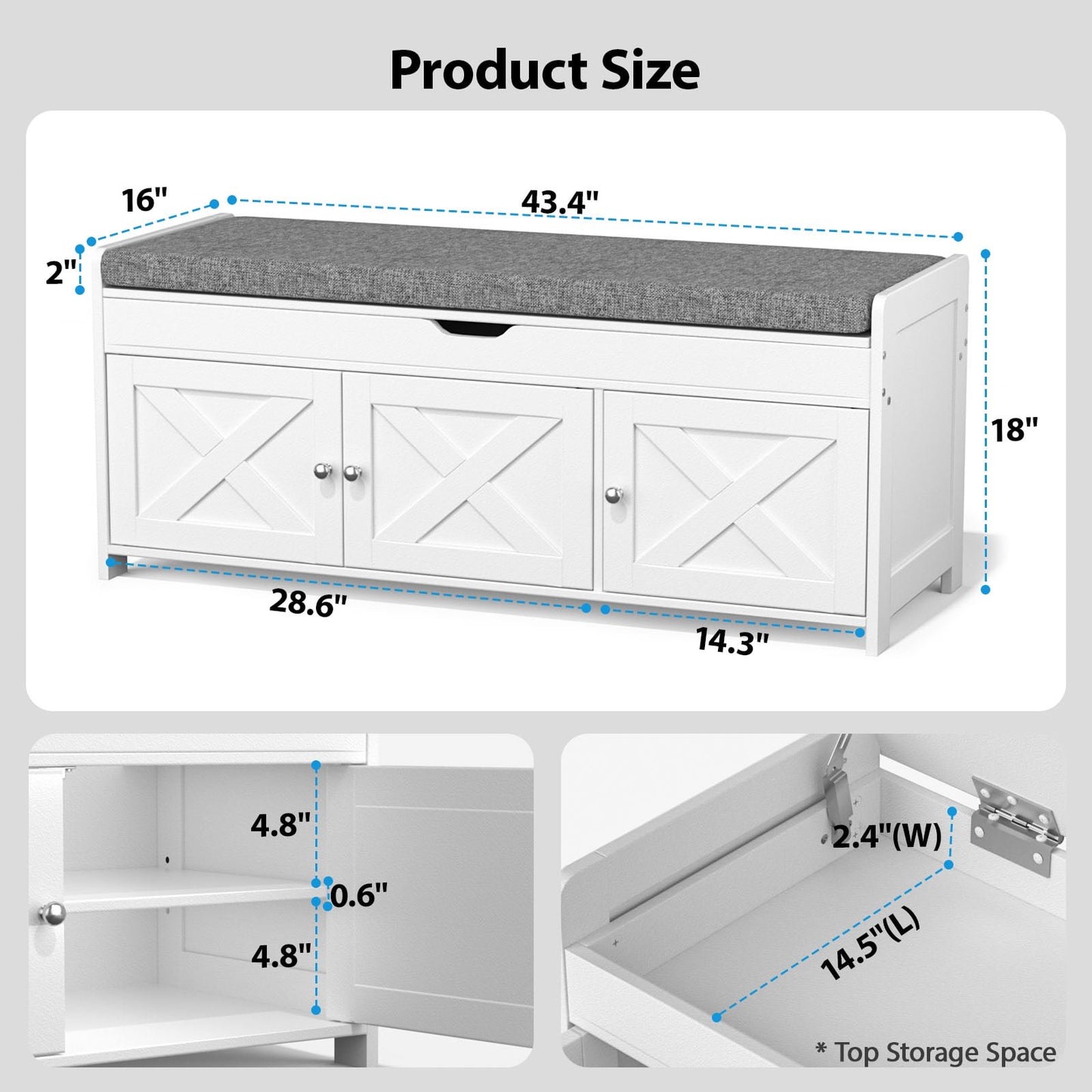 CHITOOMA Shoe Storage Bench, 43.4" Wide Shoe Bench with Padded Seat Cushion and Lift Top Storage, Bench with Barn Doors and Adjustable Shelf for for Entryway, Bedroom, Living Room, White