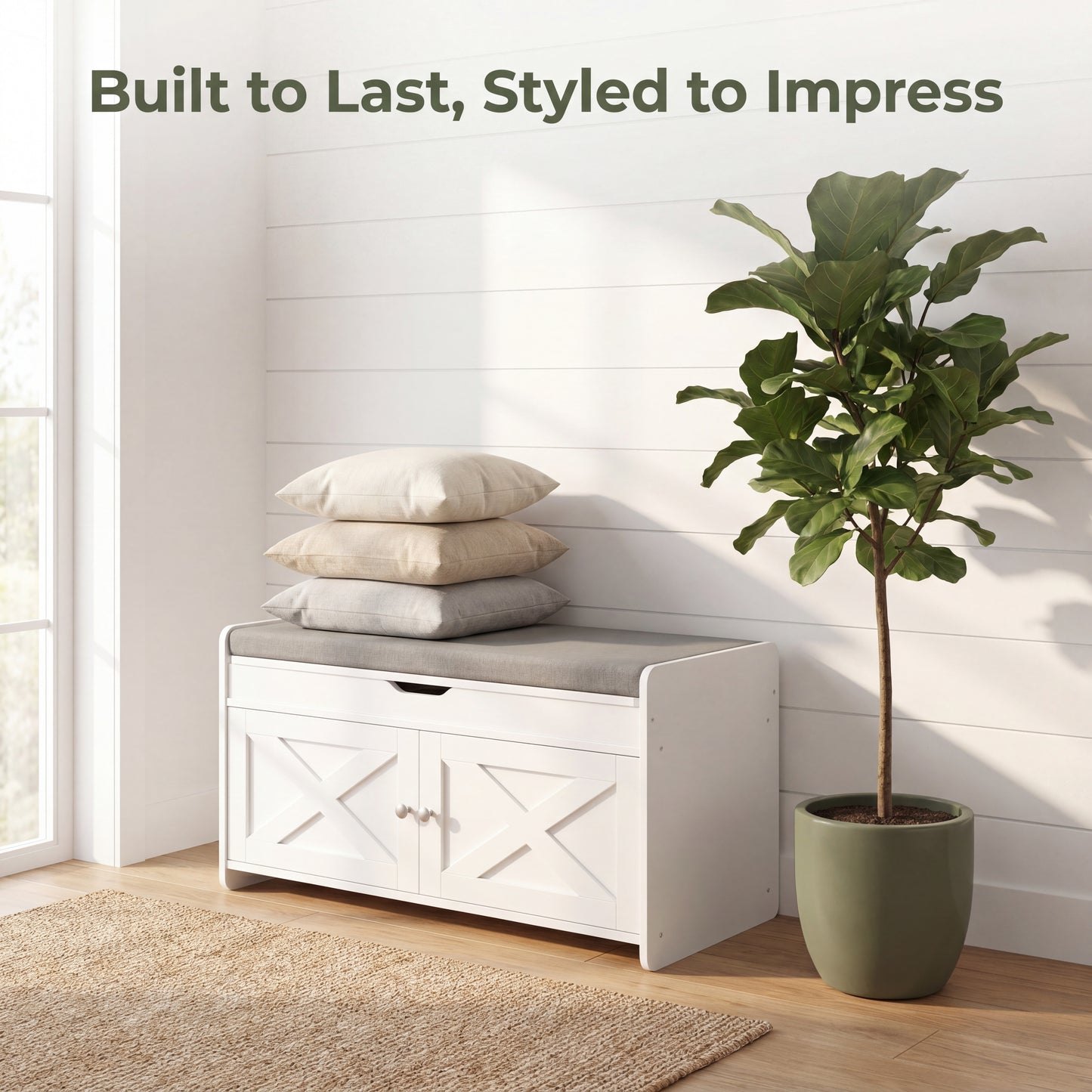 2-Tier Shoe Storage Bench with Cushioned Seat,Adjustable Shelves & Barn Doors,300 lbs Capacity for Entryway,Bedroom,Living Room – 31.5" x 15" x 18",White