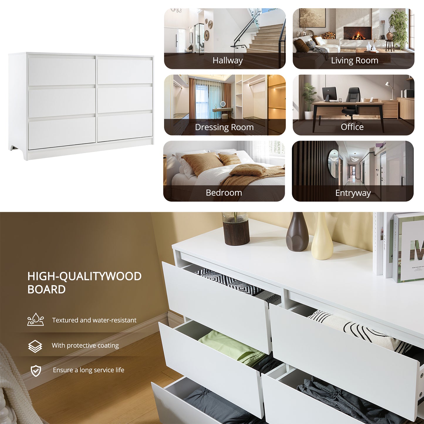 CHITOOMA White Dressers for Bedroom 6 Drawer, 47.2" Adult Wooden Dresser, Double Storage Cabine Chest of Drawers for Living Room, Hallway