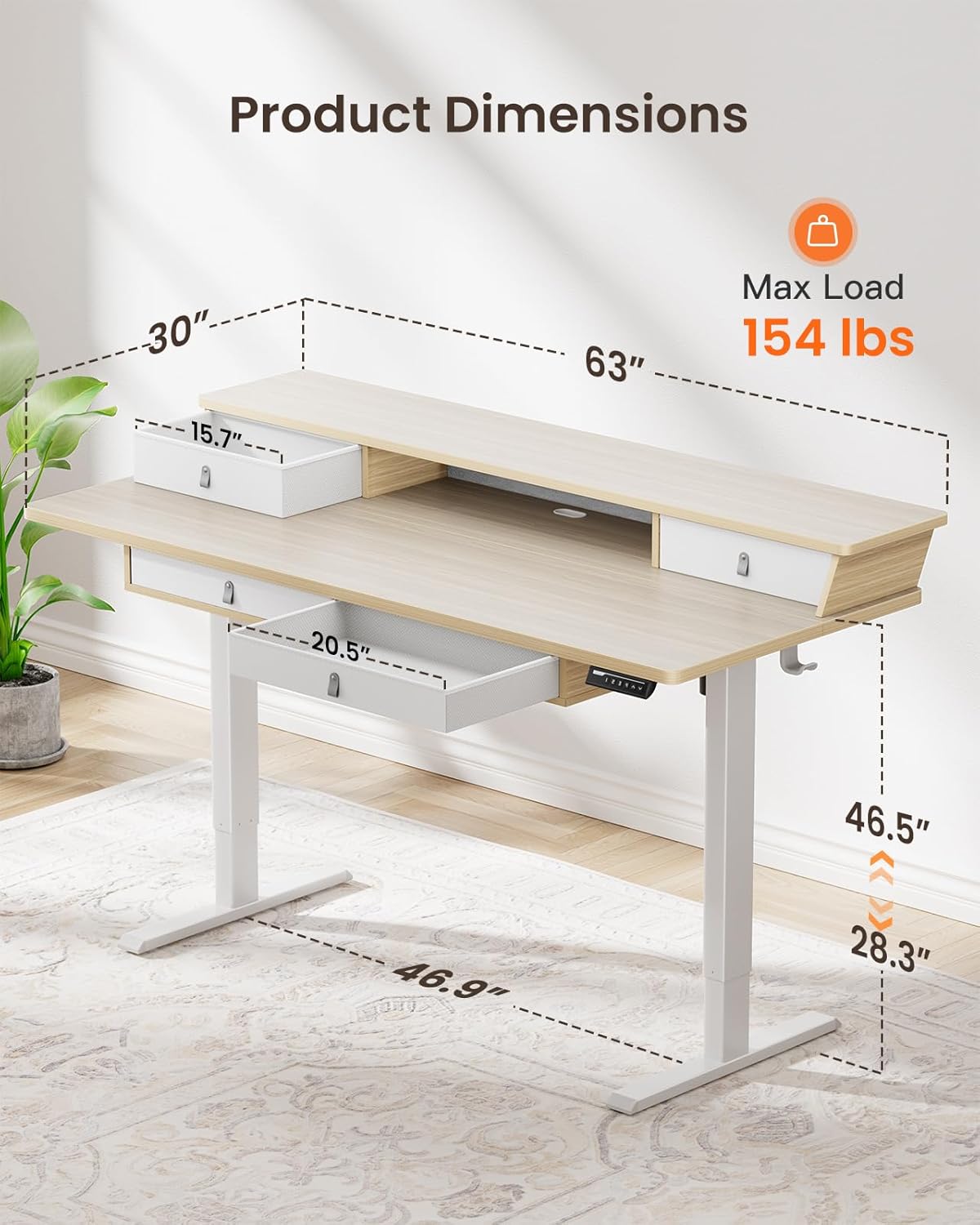 CHITOOMA 63″ x 30″ Standing Desk with Drawers, Electric Height Adjustable Sit Stand Desk with Storage Shelf, 4 Memory Preset Computer Desk with Cable Management Tray for Home Office, Natural