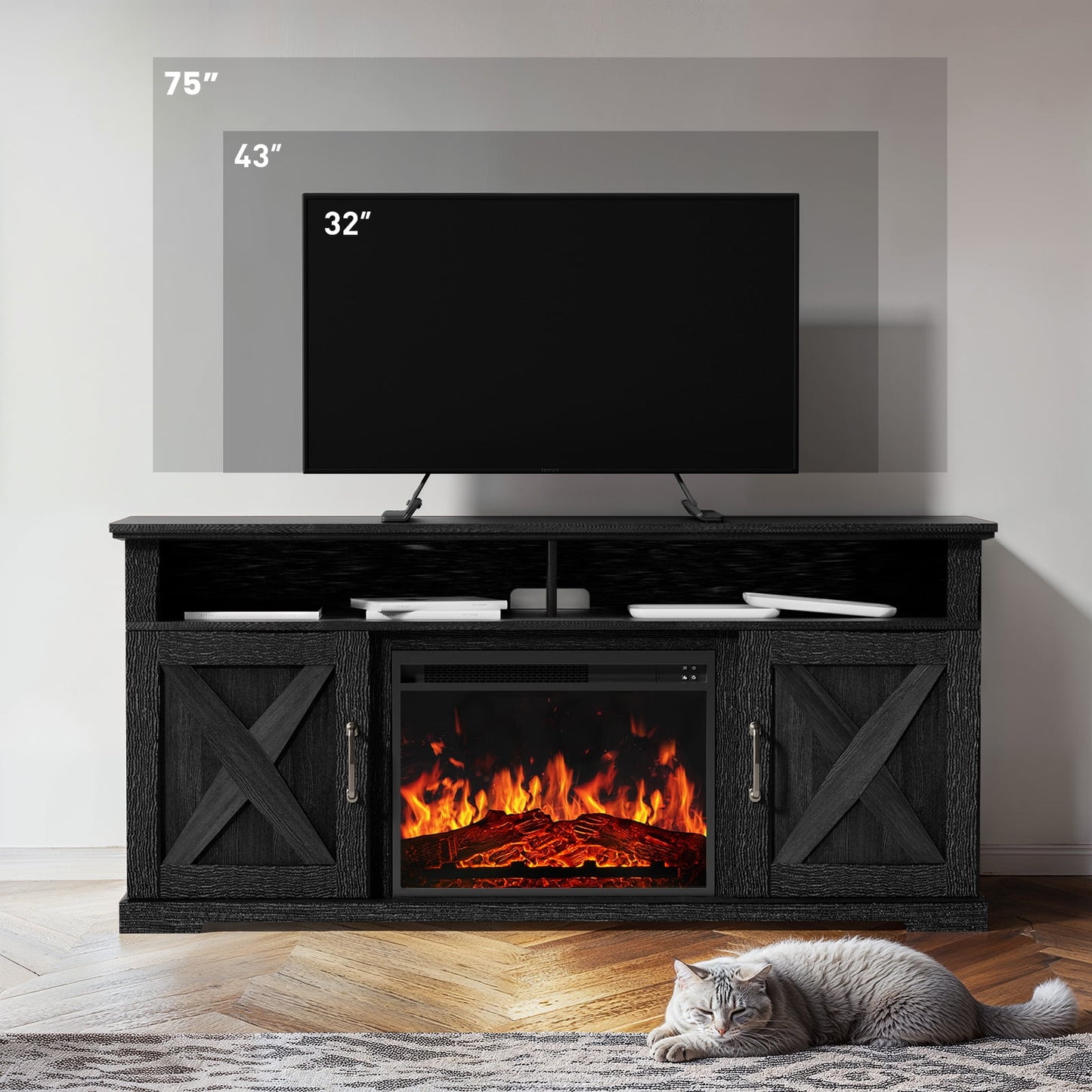 Fireplace TV Stand with Fireplace for 75 inch TV Farmhouse Entertainment Center with Storage, Black