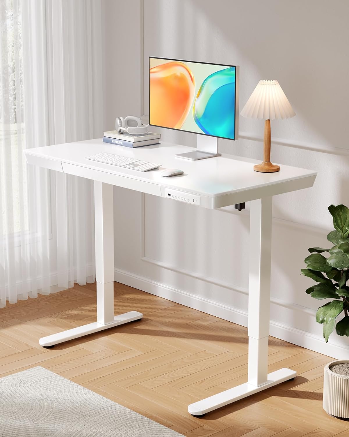 CHITOOMA Electric Standing Desk with Drawer, One Piece Tabletop 48" x 24" Height Adjustable Office Desk with USB Charging Ports, Sit to Stand Desk for Home, White
