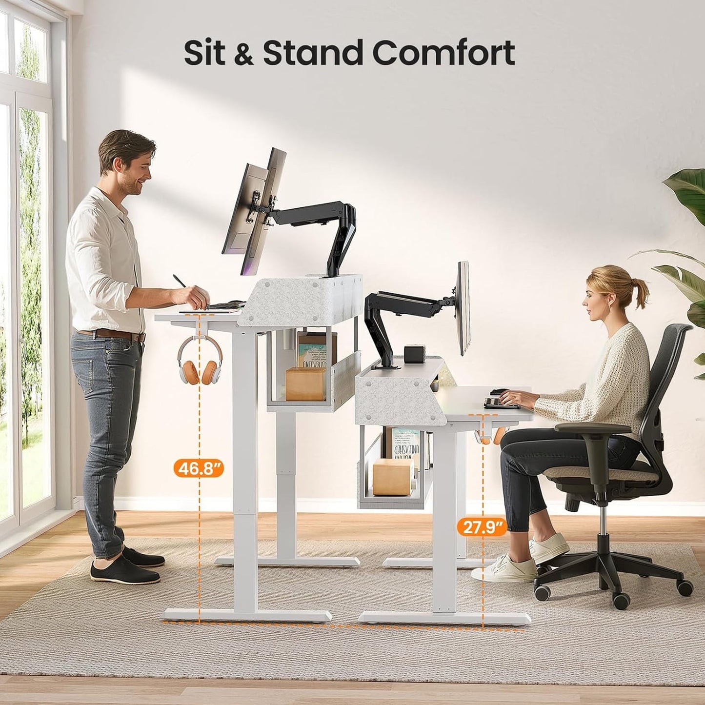 CHITOOMA Electric Standing Desk with LED & Storage, 55" x 28" Height Adjustable Computer Desk, C-Clamp Mount Compatible Ergonomic Table for Home Office, White