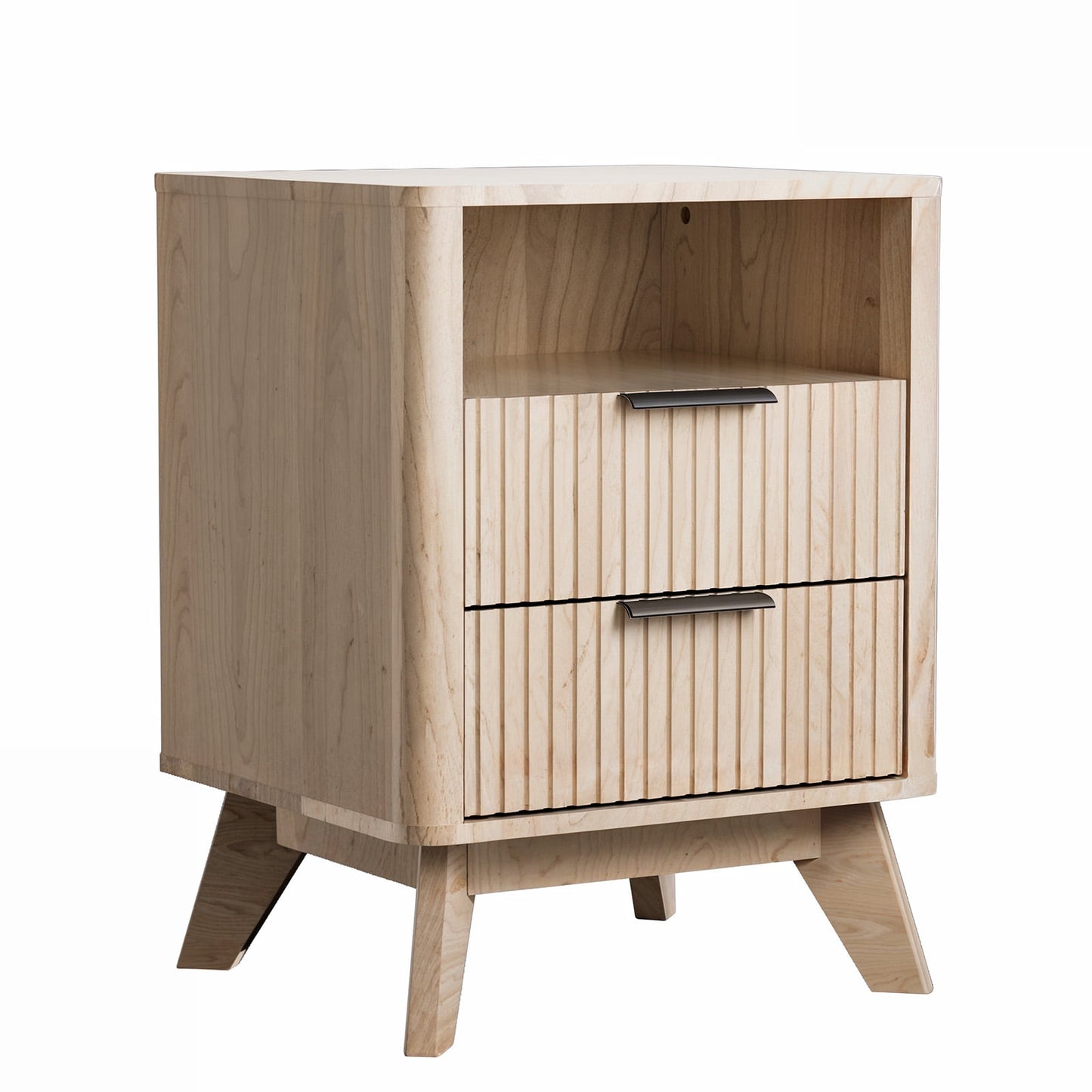 CHITOOMA 2-Drawer Nightstand with Open Shelf, Wood Fluted Bedside Table with Storage, Small End Table for Bedroom Living Room, Natural