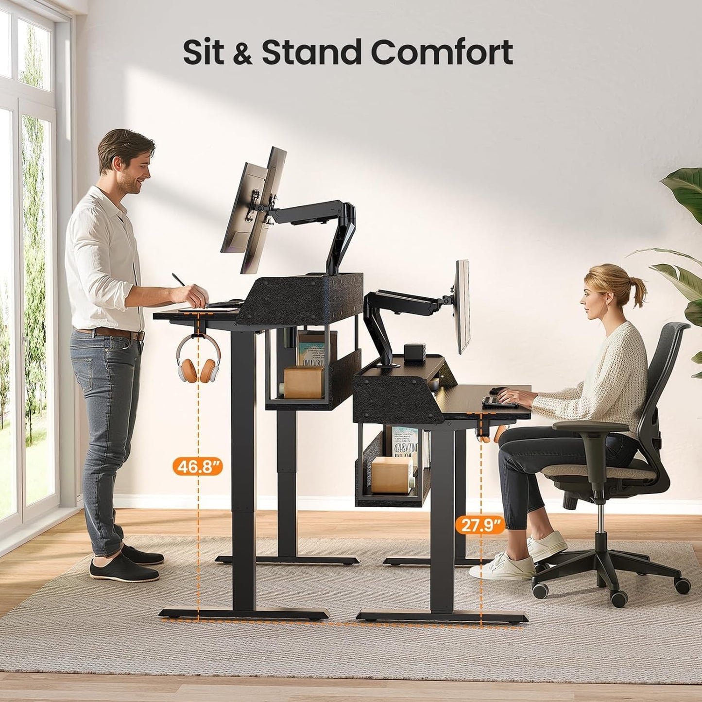 CHITOOMA Electric Standing Desk with LED & Storage, 48" x 24" Height Adjustable Computer Desk, C-Clamp Mount Compatible Ergonomic Table for Home Office, Black