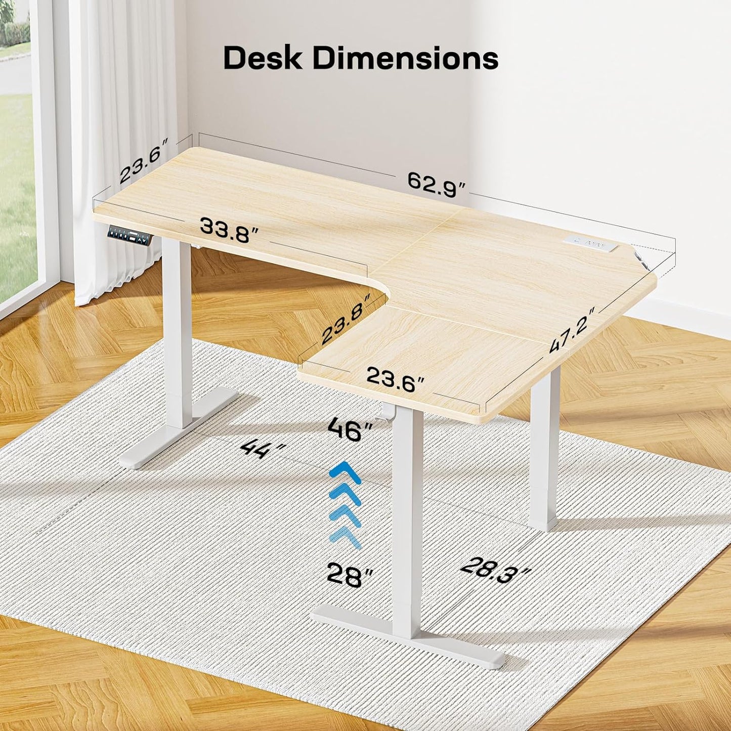 CHITOOMA 63″ Dual Motor L-Shaped Standing Desk, Built-in Power Outlets, Electric Height Adjustable , Large Power Strip Holder, Sit Stand Up Desk with 3 Preset Heights, Natural Wood