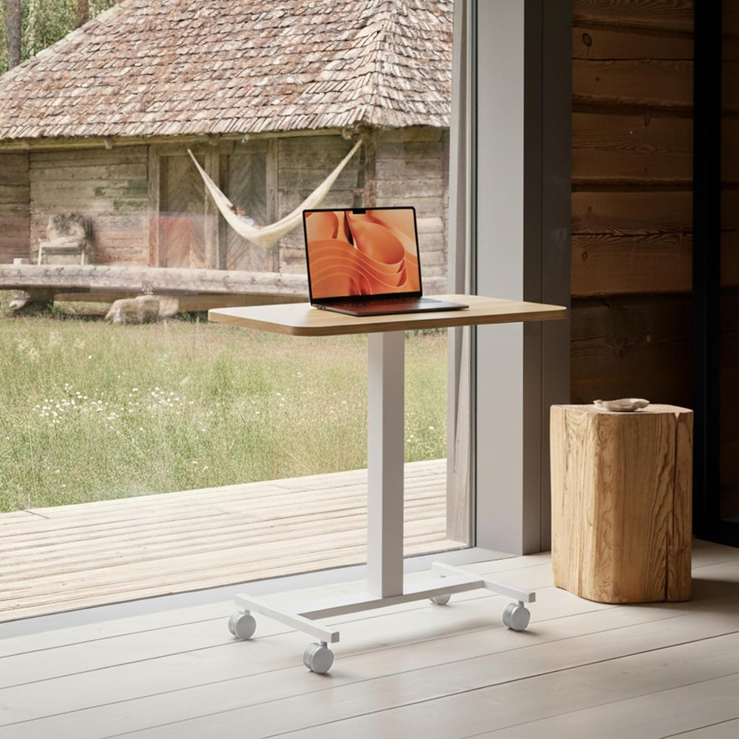 CHITOOMA Small Rolling Standing Desk, Wider Height Adjustable Mobile Desk with 4 Lockable Wheels, Portable Sit-Stand Workstation for Bedside & Sofa, Light Walunt