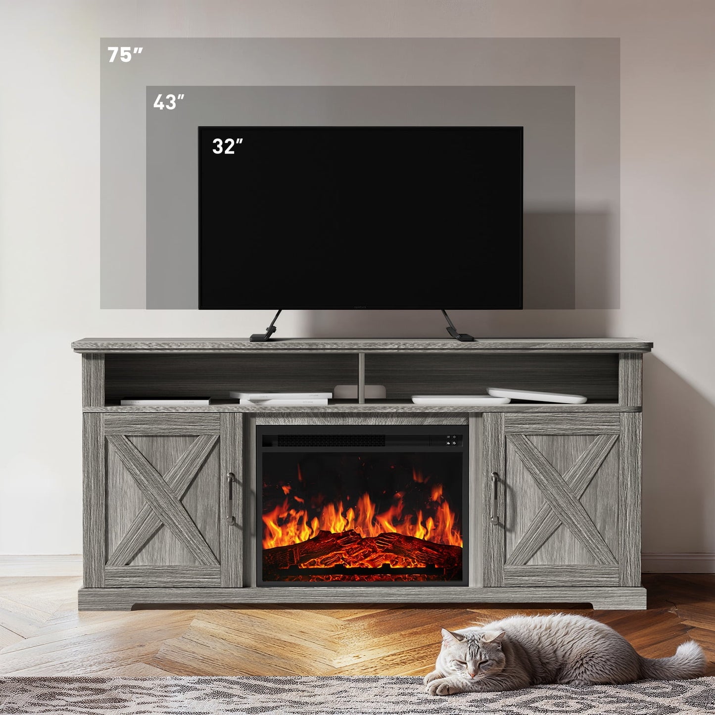Electric Fireplace TV Stand for TVs up to 75", Farmhouse Entertainment Center with Fireplace, Grey