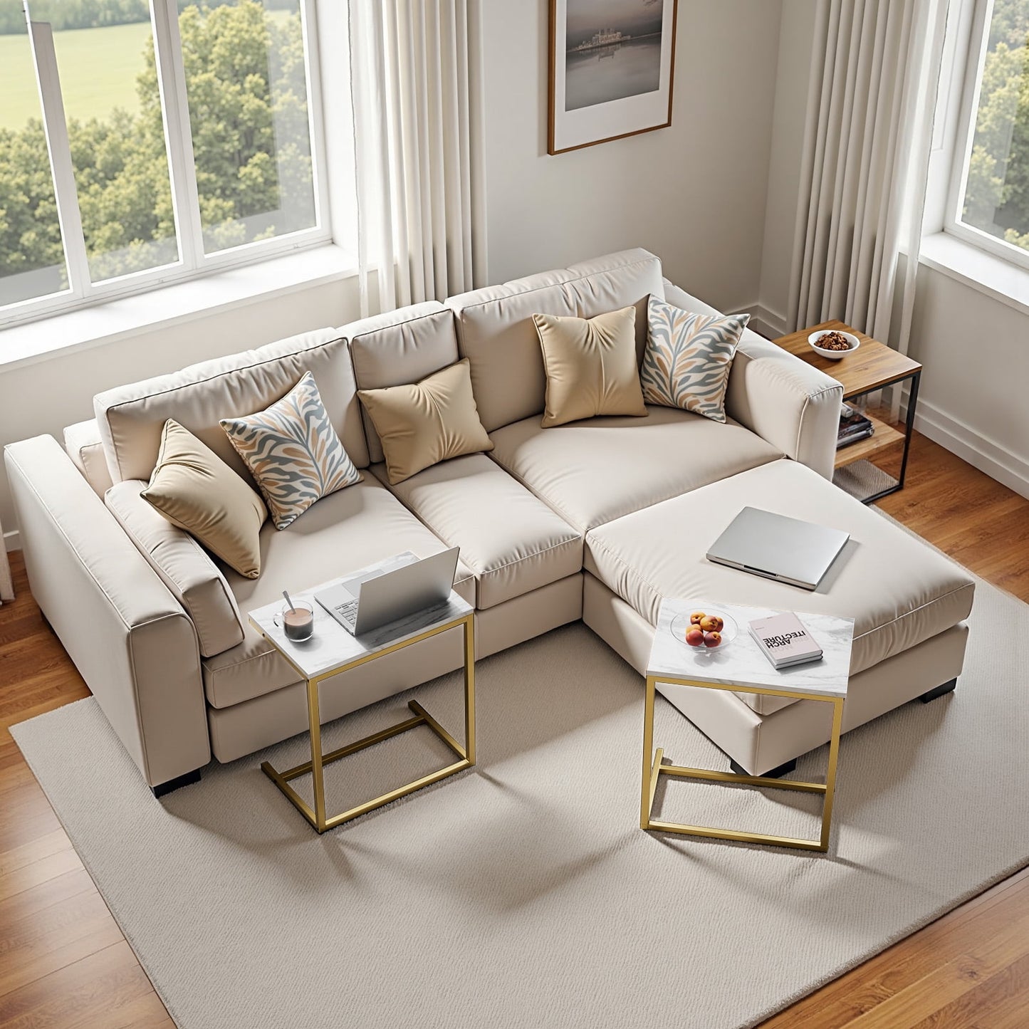 C Shaped End Table 2 PCS, Vintage Side Table for Couch, Laptop, Coffee, Snack, Sofa Side End Table C Shape for Living Room, 27"(H) x 19.7"(W) x 12.6"(D), Marble