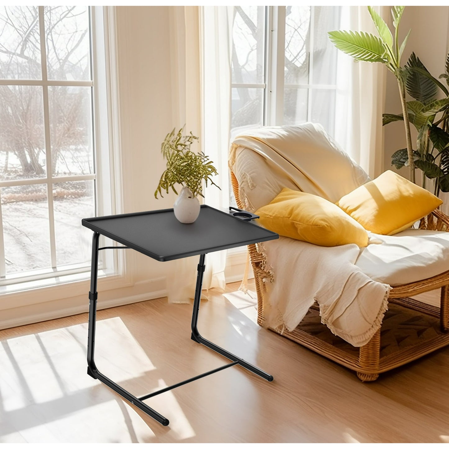 PERLESMITH Adjustable Height TV Tray, Folding Table Trays with Cup Holder, 6 Height & 3 Tilt Angle for Couch, Sofa and Bed, Black