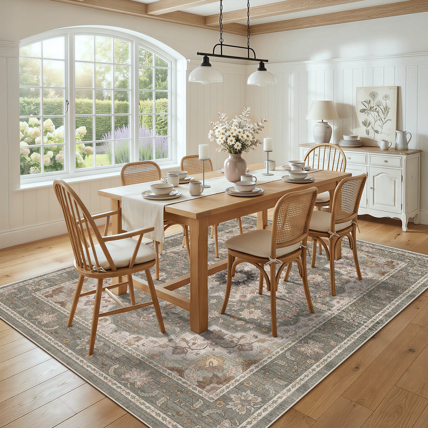 CHITOOMA 8'x10' Area Rugs for Living Room, Boho Machine Washable Floral Area Rug with Non-Slip Backing, Stain Resistant Non-Shed Carpet for Bedroom, Dining Room, Dorm, Office