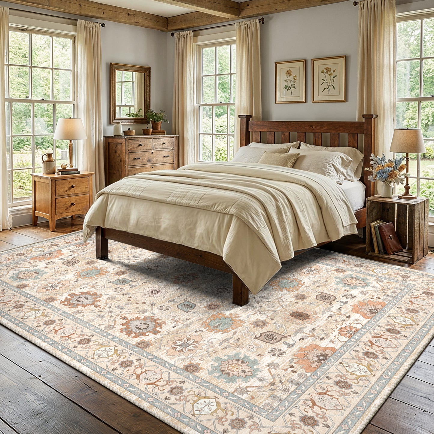 CHITOOMA 8'x10' Area Rugs for Living Room, Boho Machine Washable Floral Area Rug with Non-Slip Backing, Stain Resistant Non-Shed Carpet for Bedroom, Dining Room, Dorm, Office