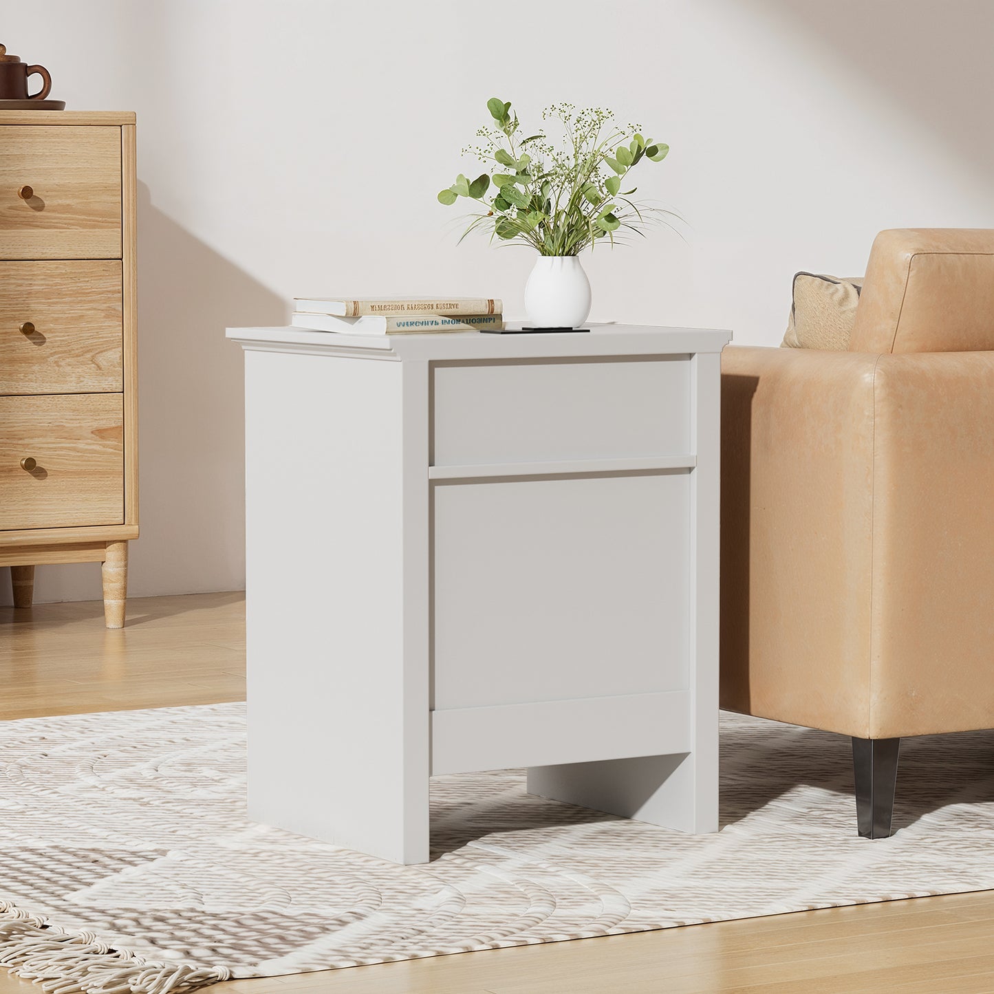 CHITOOMA 2-Drawer Nightstand with Charging Station, Wood Bedside Table with Open Shelf, Small End Table for Bedroom Living Room, White