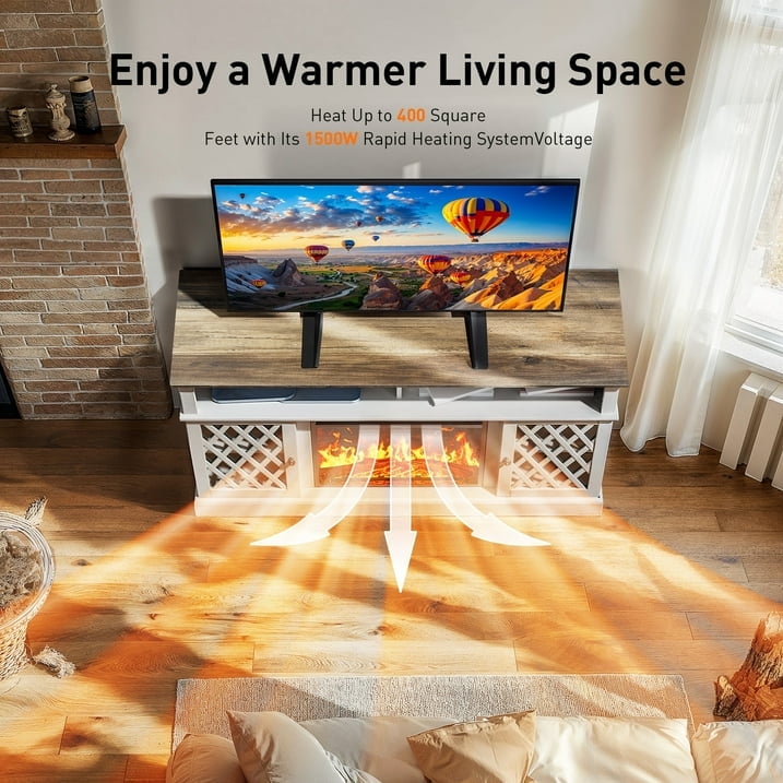 Farmhouse Fireplace TV Stand for 75 inch with LED Light, Adjustable Storage Shelves, Glass Doors, Media Entertainment Center with Fireplace for Living Room, Bedroom, White