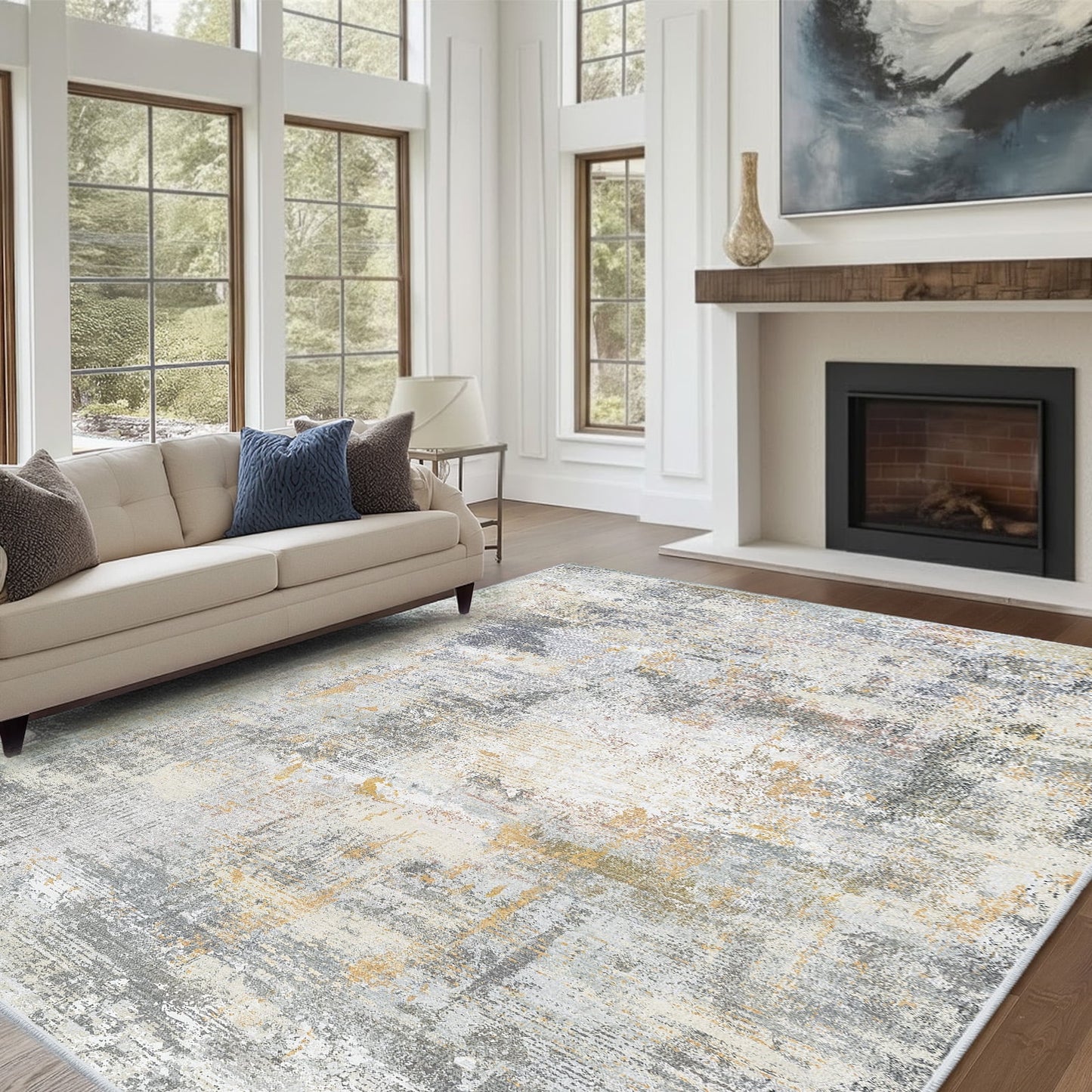 CHITOOMA 6'x9' Area Rugs for Living Room, Machine Washable Abstract Distressed Rugs Indoor Neutral Carpet Rugs for Bedroom Dining Room Office with Non-Slip Backing, Stain Resistant Non-Shed