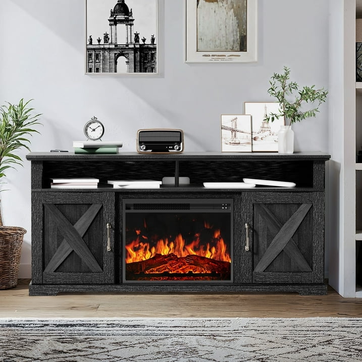 Fireplace TV Stand with Fireplace for 75 inch TV Farmhouse Entertainment Center with Storage, Black