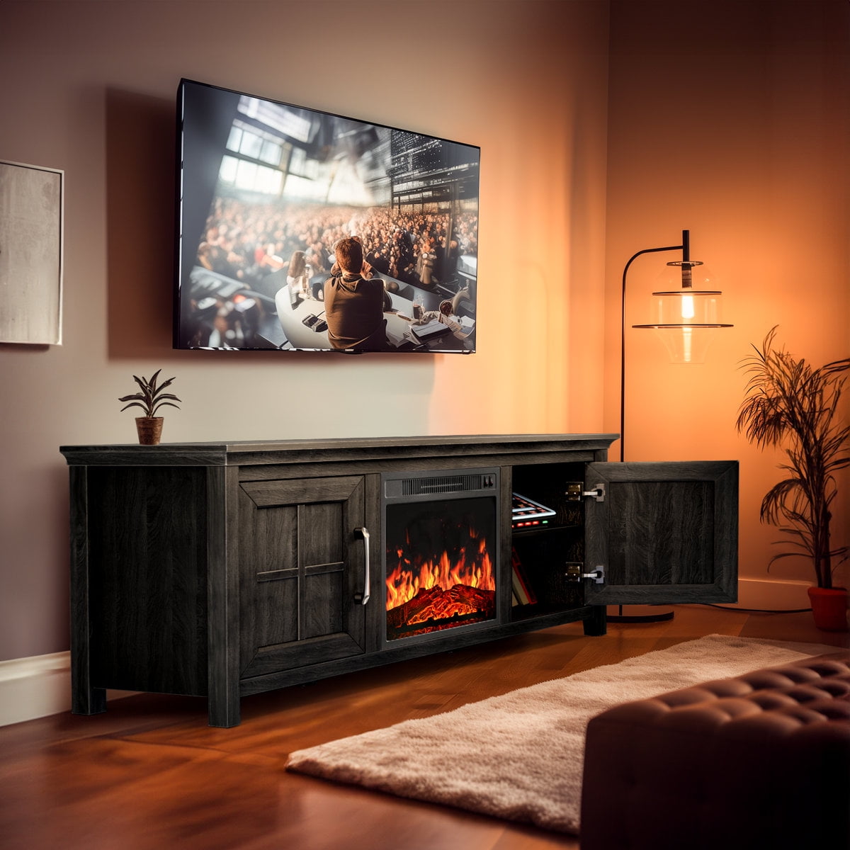 CHITOOMA Fireplace TV Stand with 2 Barn Doors and Storage Cabinets for TV up to 75 inch, Entertainment Center Console Table, Media Furniture for Living Room, Black