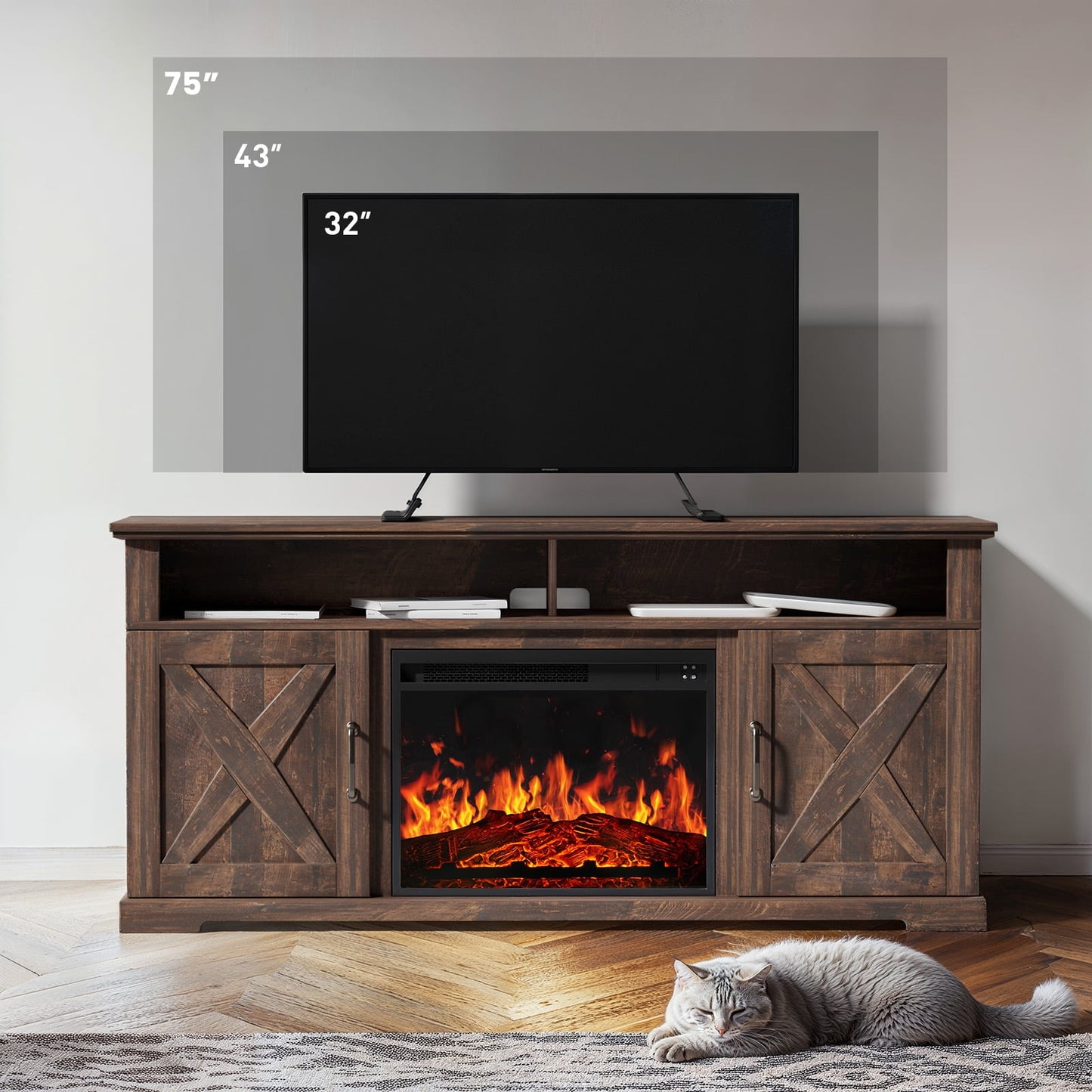 Electric Fireplace TV Stand for TVs up to 75", Farmhouse Entertainment Center with Fireplace, Vintage Brown