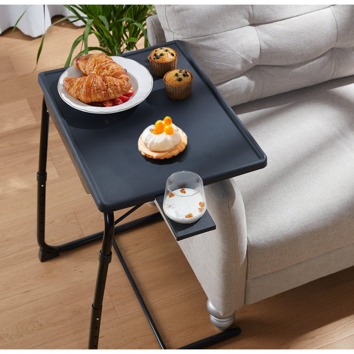 PERLESMITH Adjustable Height TV Tray, Folding Table Trays with Cup Holder, 6 Height & 3 Tilt Angle for Couch, Sofa and Bed, Black