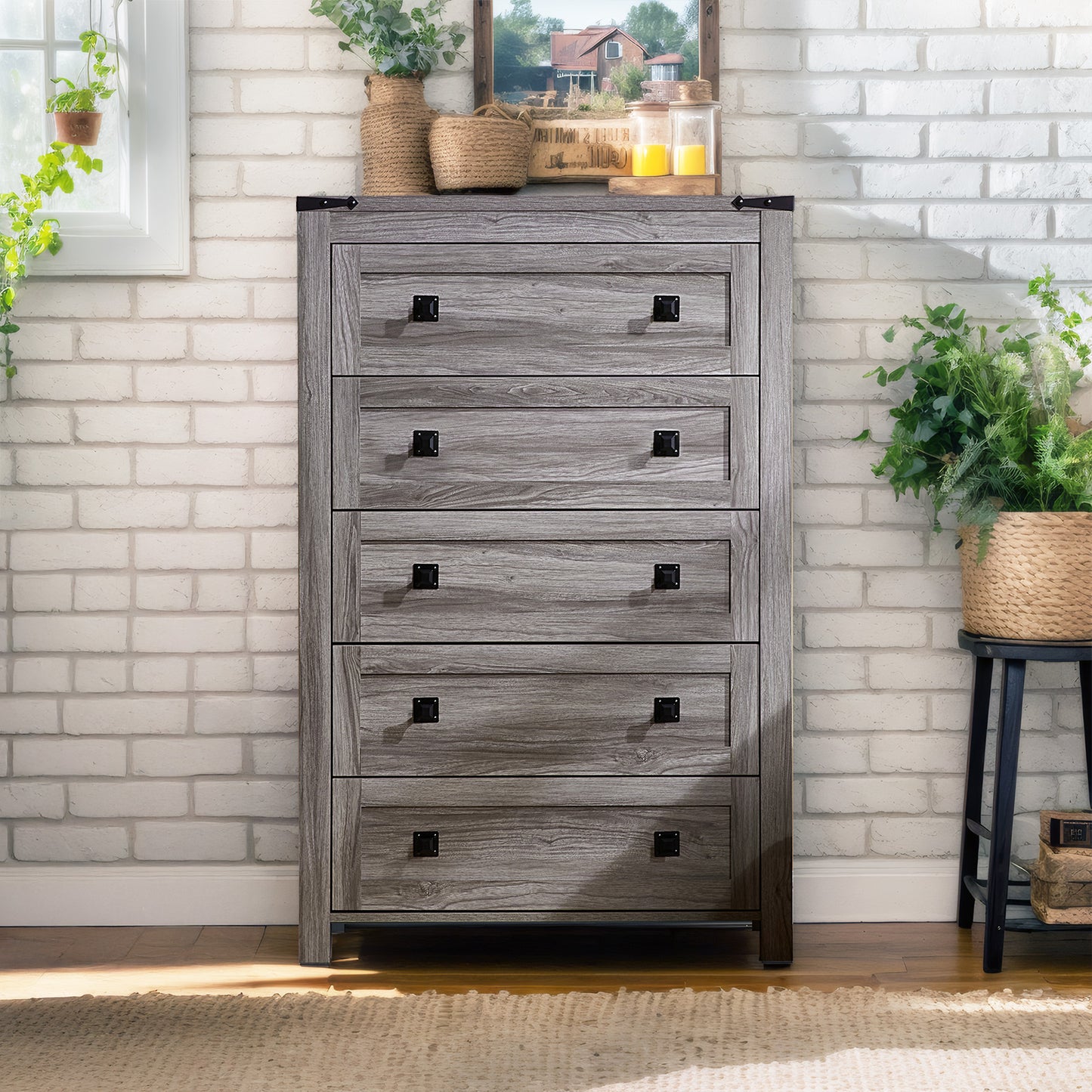 CHITOOMA 5 Drawer Dressers for Bedroom, Adult Tall Wooden Storage Cabine with Double Handle, Chest of Drawers for Living Room Hallway, Gray