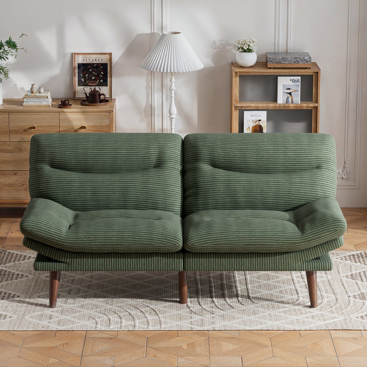 CHITOOMA 66'' Futon Sofa Bed with Adjustable Backrest & Armrests, Green Corduroy Convertible Futon Couch, Comfy Loveseat for Small Spaces Apartment, Office