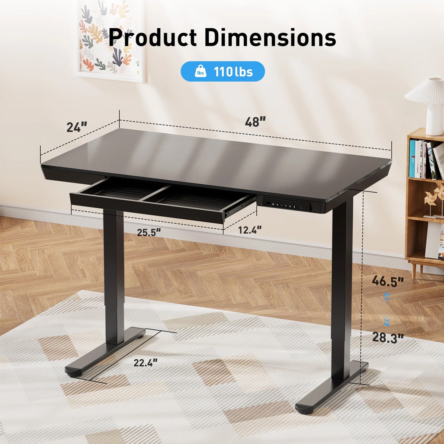 CHITOOMA Glass Top Electric Standing Desk with Drawer, 48'' x 24'' Electric Height Adjustable Desk with USB Charging Ports, Sit Stand up for Home Office