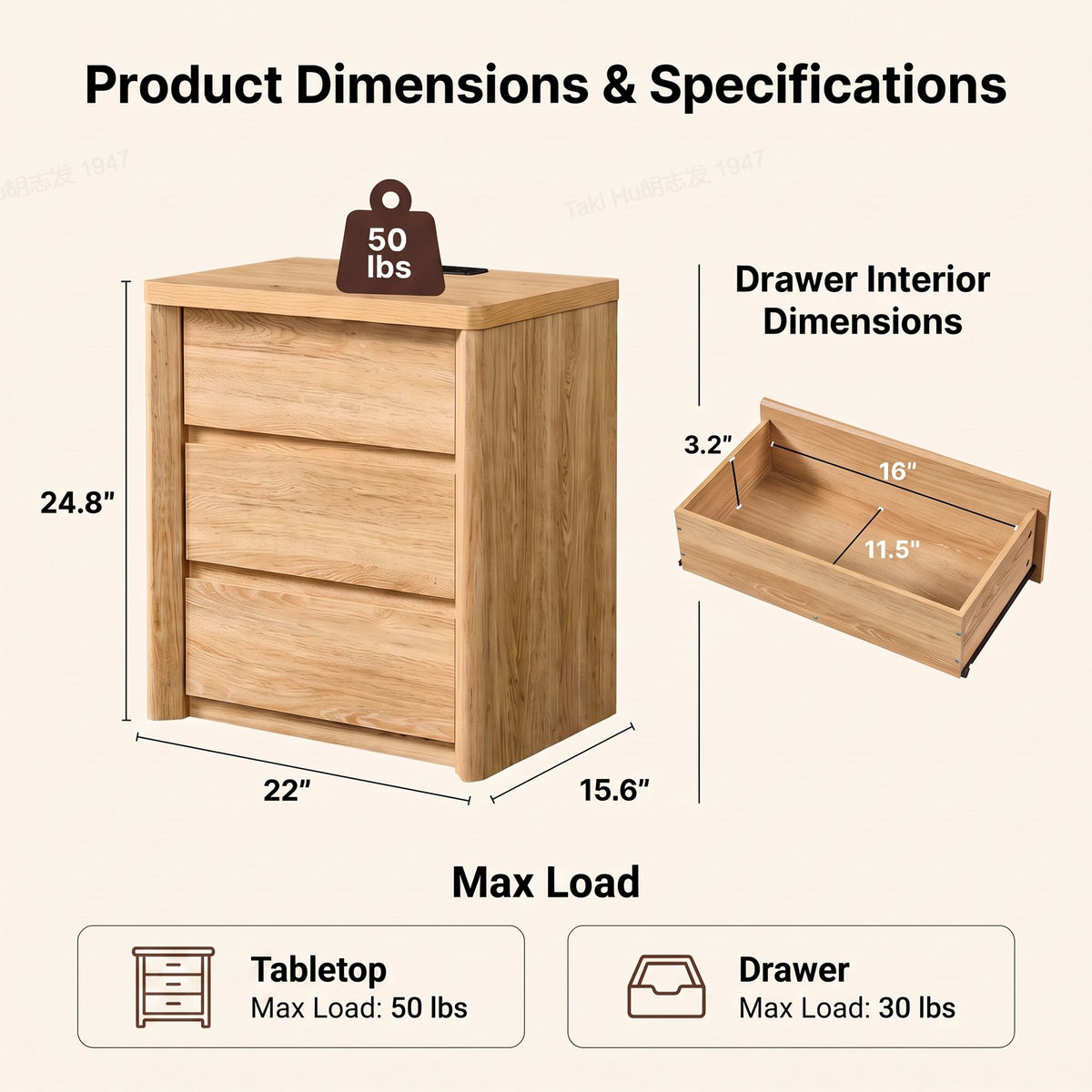 CHIYOOMA Farmhouse Nightstand with 3 Drawers,Wood Bedside Table Night Stand with Charging Station, Sofa Side End Table for Bedroom, Living Room,Natural