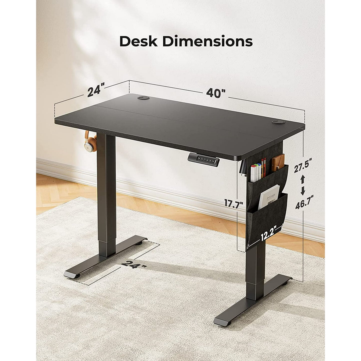 CHITOOMA Electric Standing Desk with Storage Bag, 40" x 24" Adjustable Height Sit to Stand Desk with 4 Memory Pre-Set, Headphone Hook for Home Office, Black
