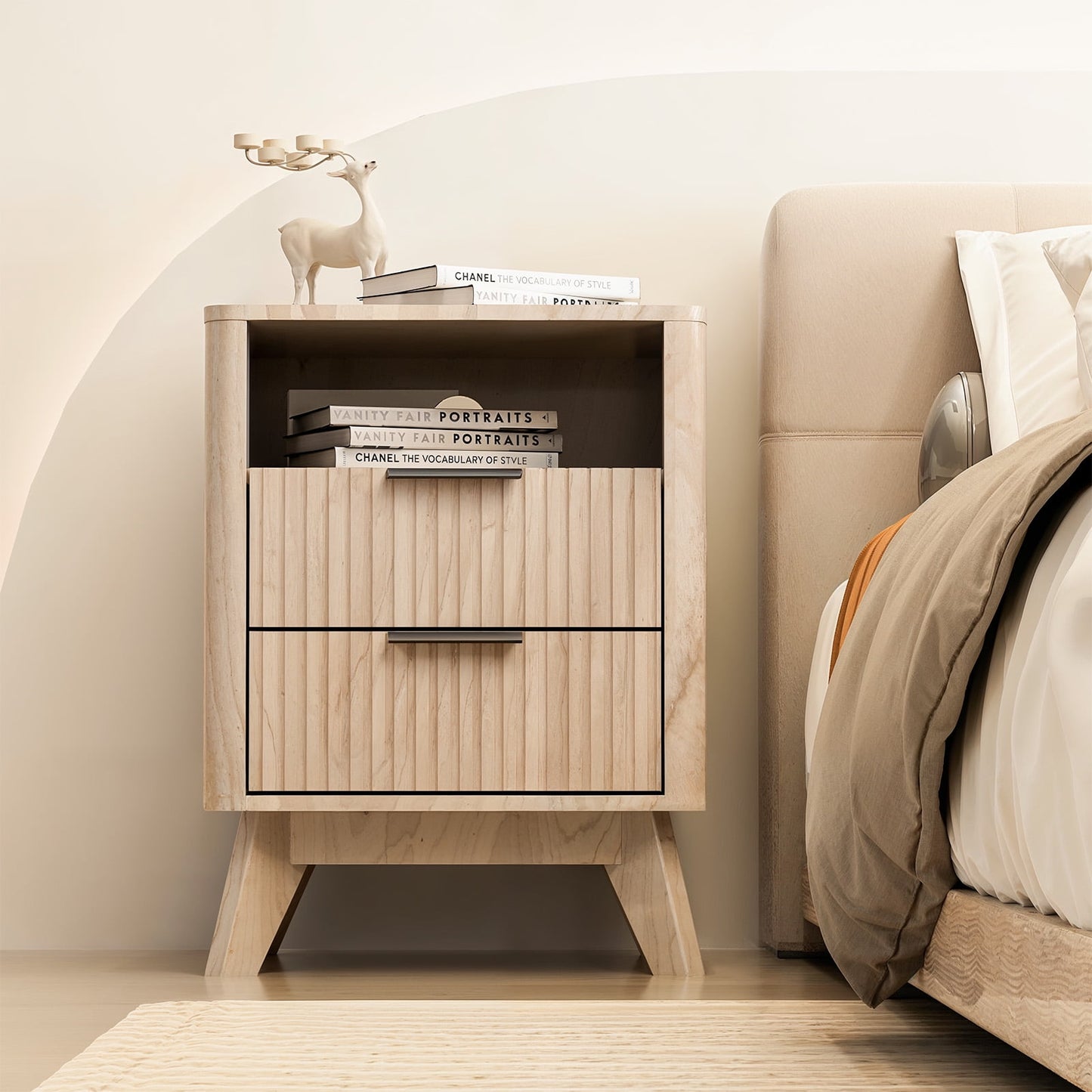 CHITOOMA 2-Drawer Nightstand with Open Shelf, Wood Fluted Bedside Table with Storage, Small End Table for Bedroom Living Room, Natural