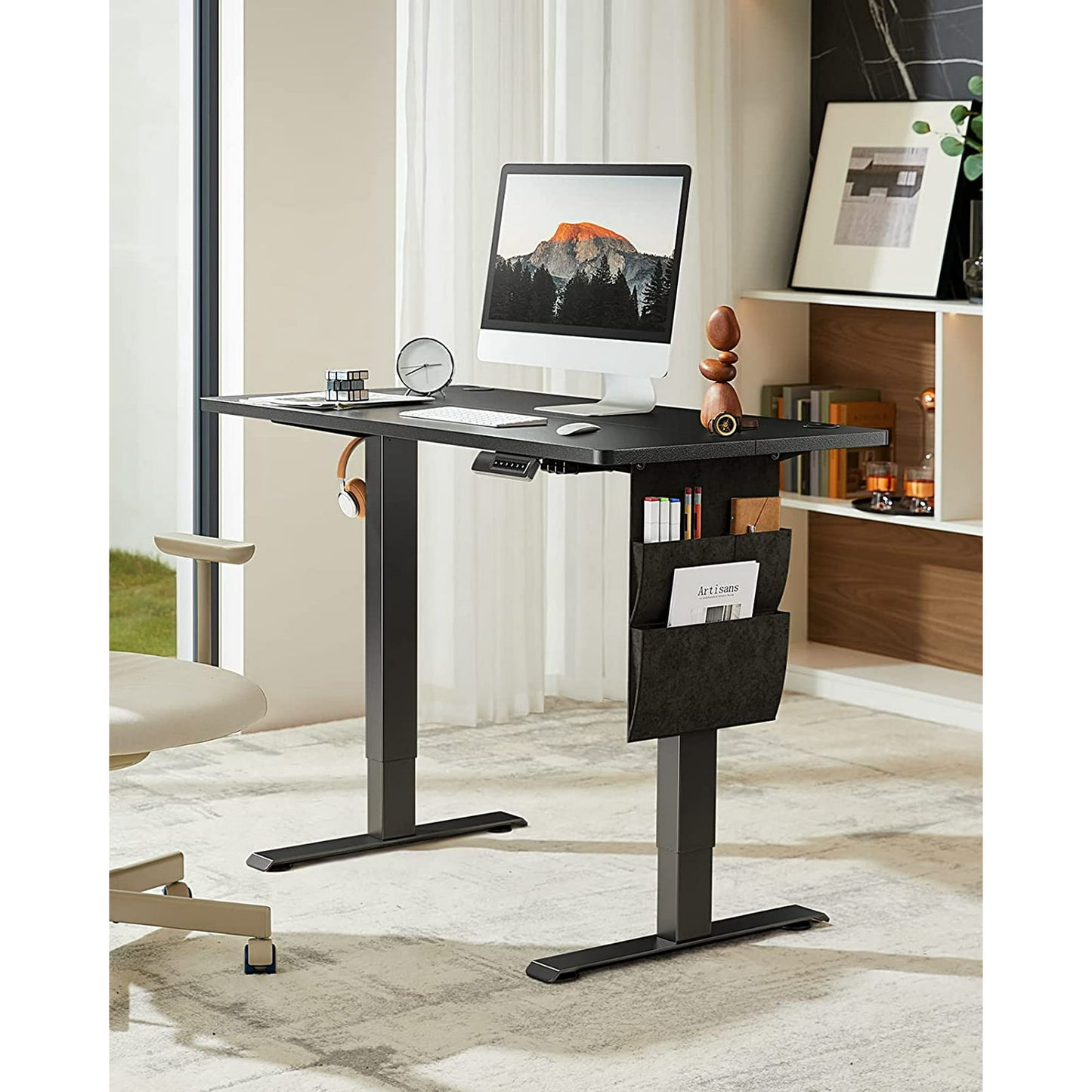 CHITOOMA Electric Standing Desk with Storage Bag, 40" x 24" Adjustable Height Sit to Stand Desk with 4 Memory Pre-Set, Headphone Hook for Home Office, Black