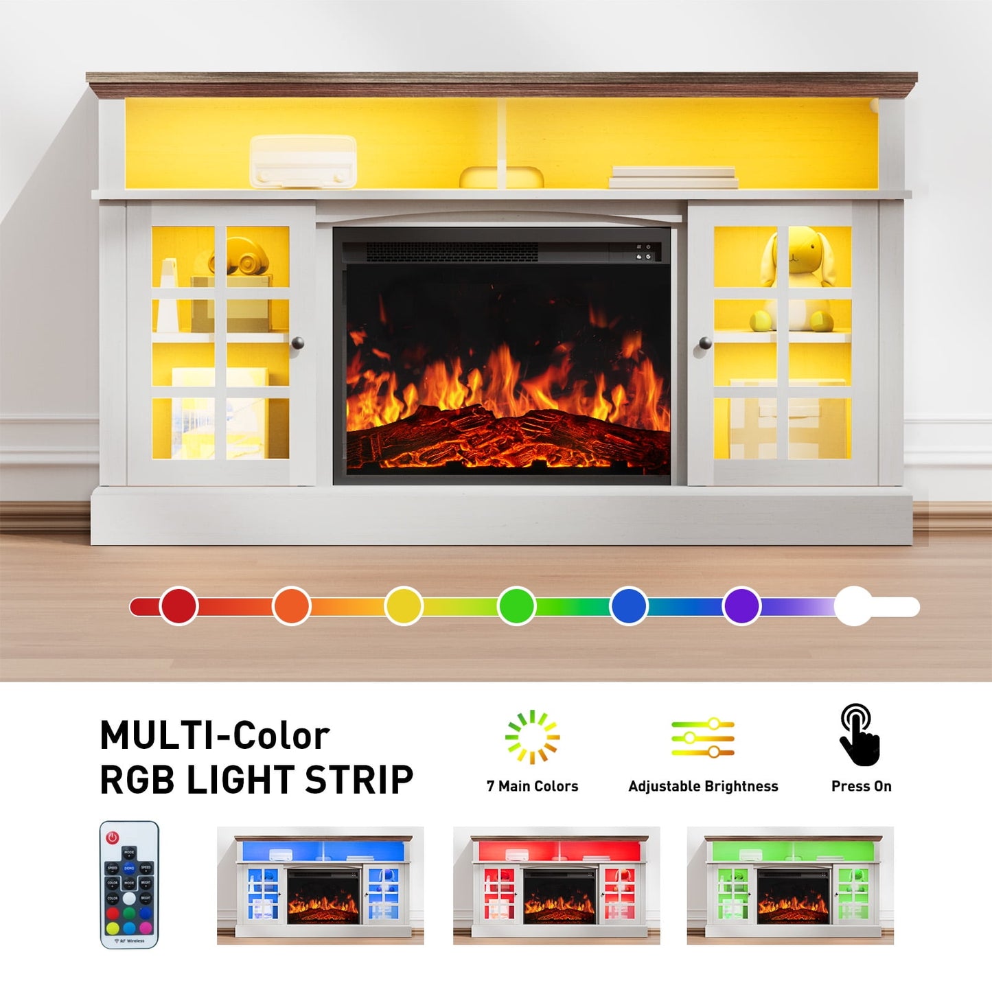 Electric Fireplace TV Stand up to 75" TVs, Farmhouse Entertainment Center with LED Light and 23" Fireplace for Living Room, White