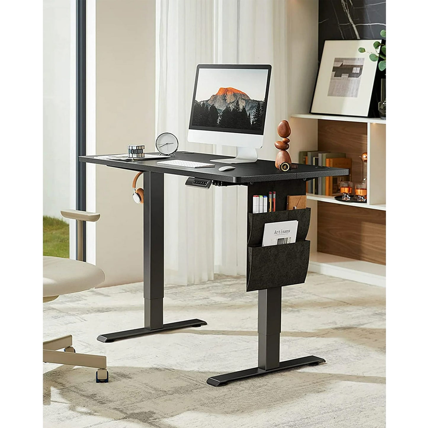 CHITOOMA 55" x 24" Electric Standing Desk with Storage Bag, Adjustable Height Sit to Stand Desk with 4 Memory Pre-Set, Headphone Hook for Home Office, Black