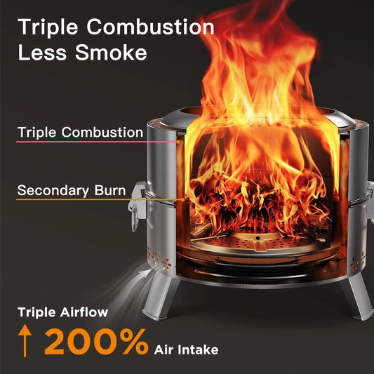 19" Smokeless Fire Pit for Outside, Stainless Steel Wood Burning Fire Pit with Foldable Legs, Grill, Poker, Carry Bag