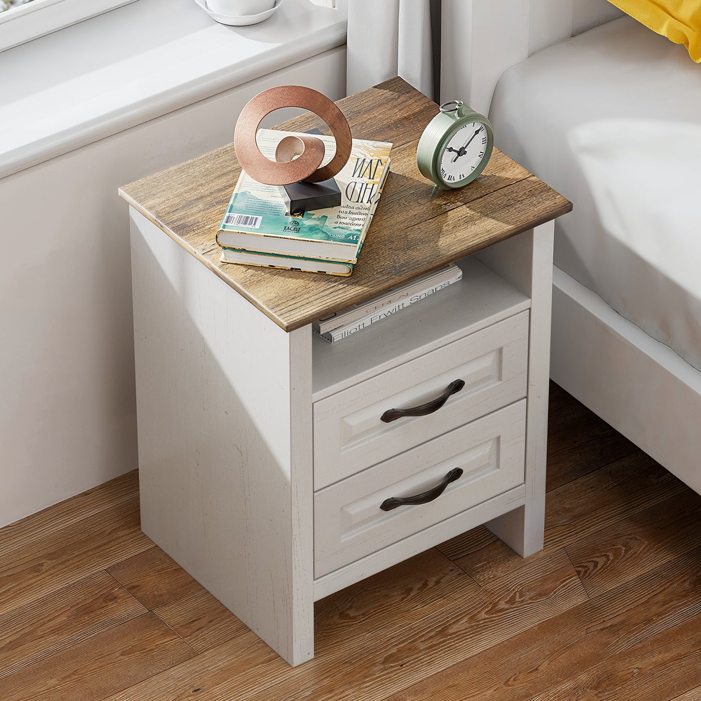 CHITOOMA 2-Drawer Nightstand with Charging Station, Wood Bedside Table with Open Shelf, Small End Table for Bedroom Living Room, White & Brown