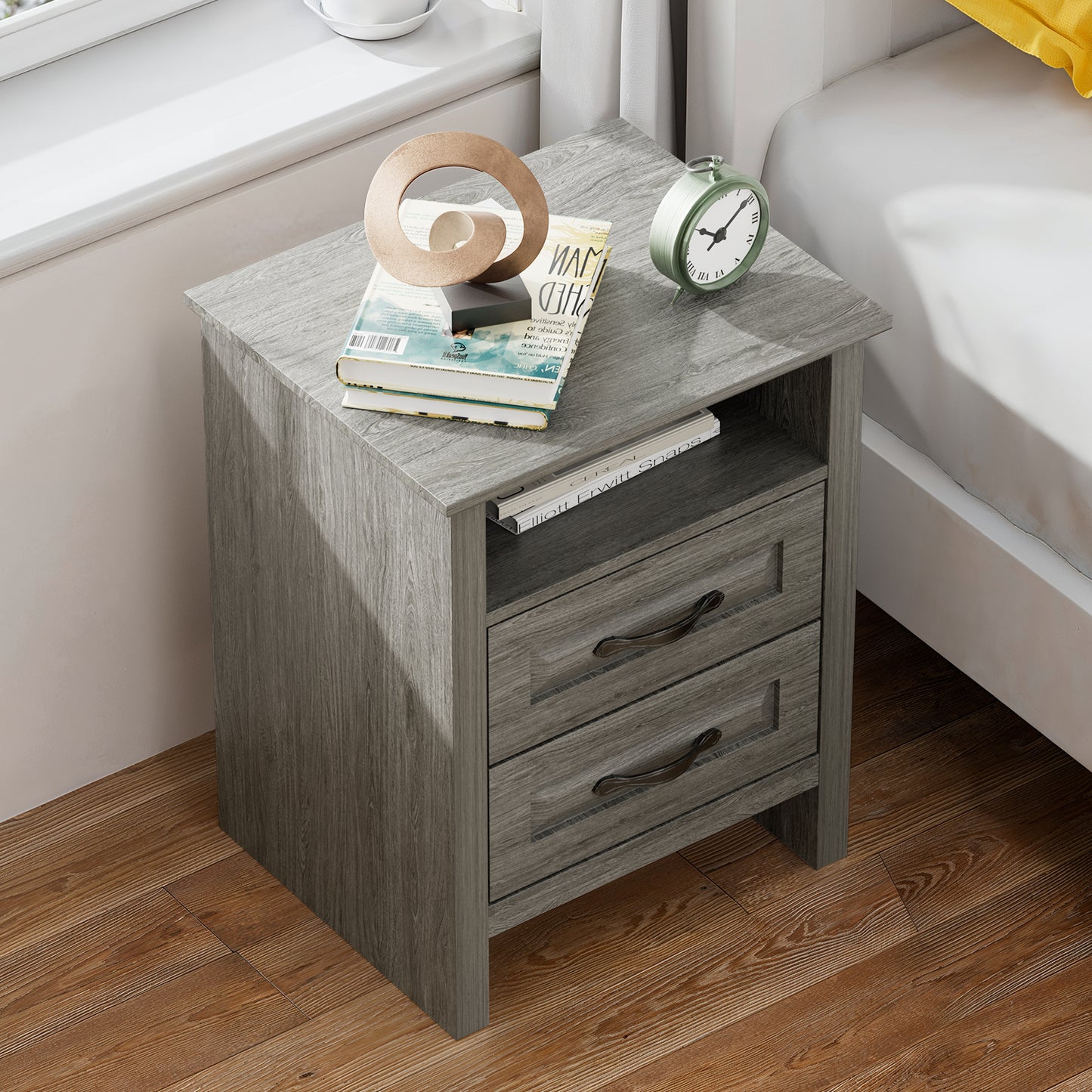 CHITOOMA 2-Drawer Nightstand with Charging Station, Wood Bedside Table with Open Shelf, Small End Table for Bedroom Living Room, Gray