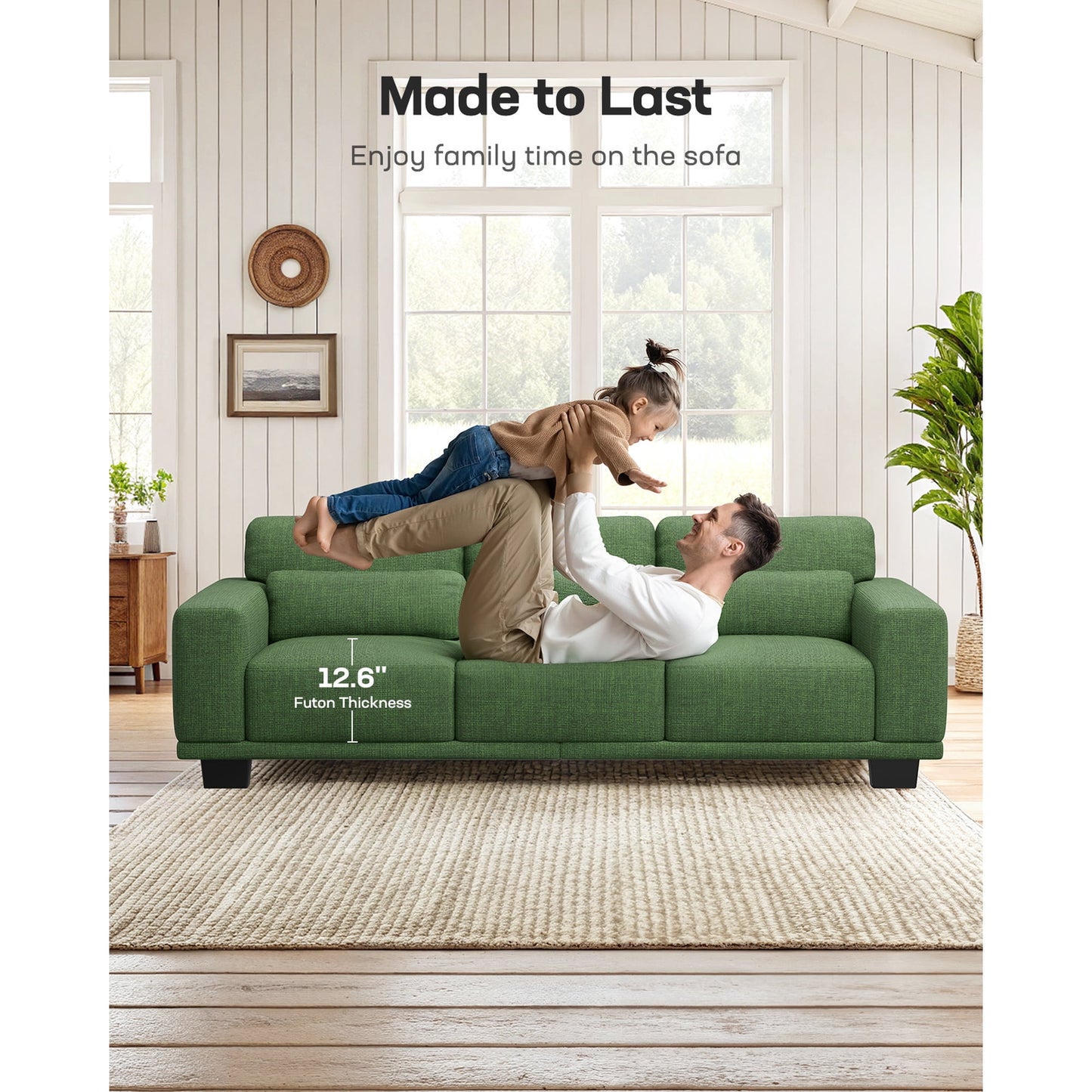 CHITOOMA 89" 3-Seater Sofa for Living Room, Deep Seat Modern Couch with 3 Pillows, Linen Fabric, Removable Covers, Wide Armrests & Steel Frame, Green