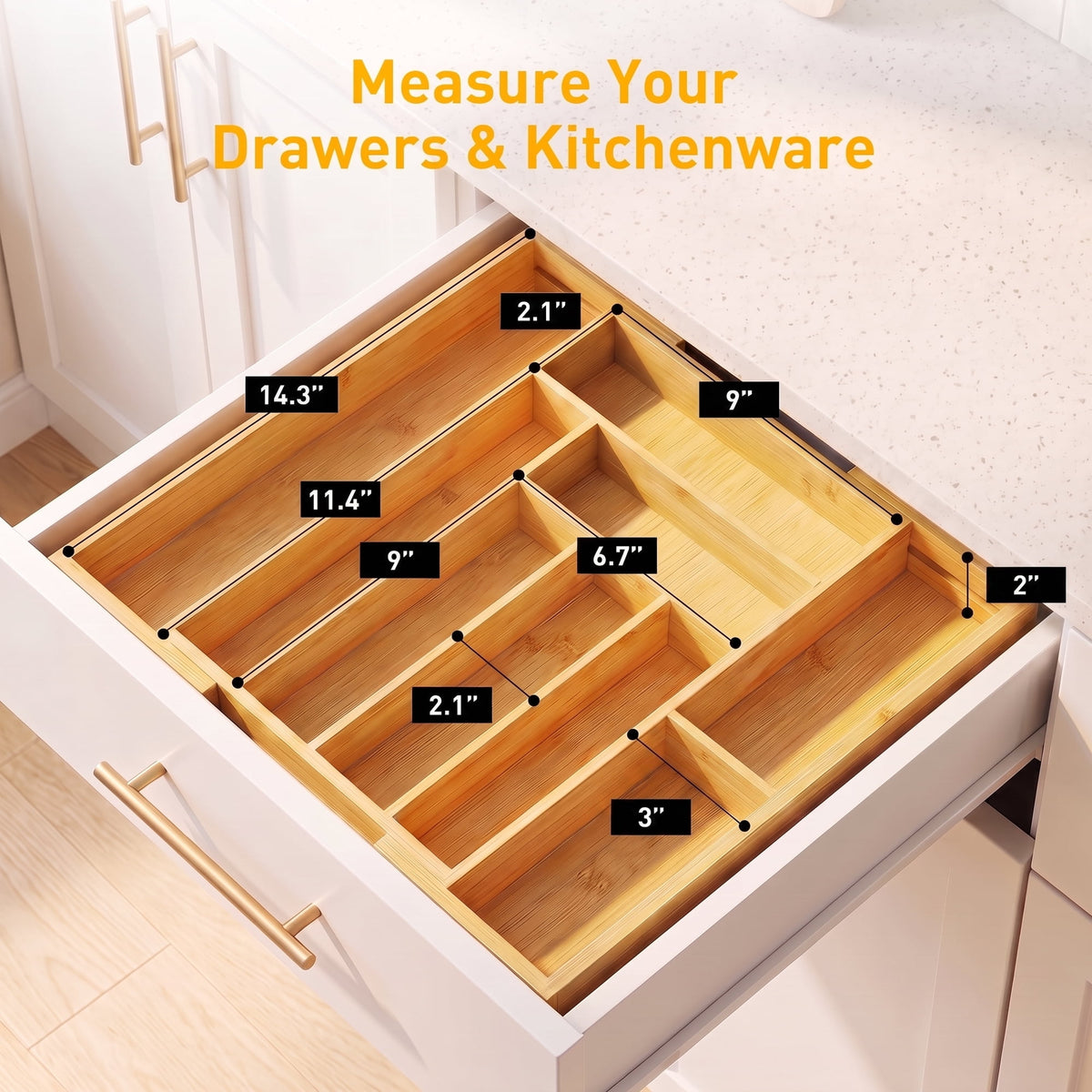 CHITOOMA Wood Bamboo Kitchen Drawer Organizer,Expandable Silverware Holder,Adjustable Kitchen Utensil Tray,for Forks, Spoons and Knives,8 Slots,Medium
