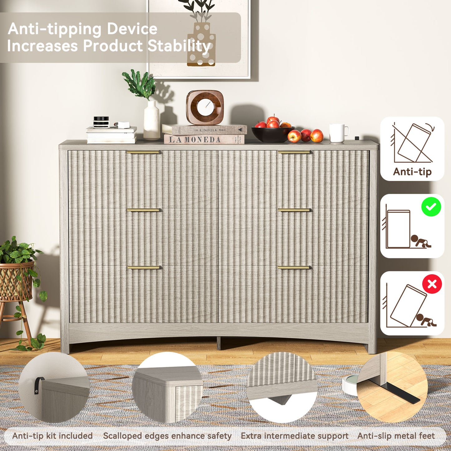 CHITOOMA Modern 6 Drawer Dresser for Bedroom, Wood Chest of Drawers with Fluted Front and Gold Handles, Wide Storage Cabinet for Living Room, Gray