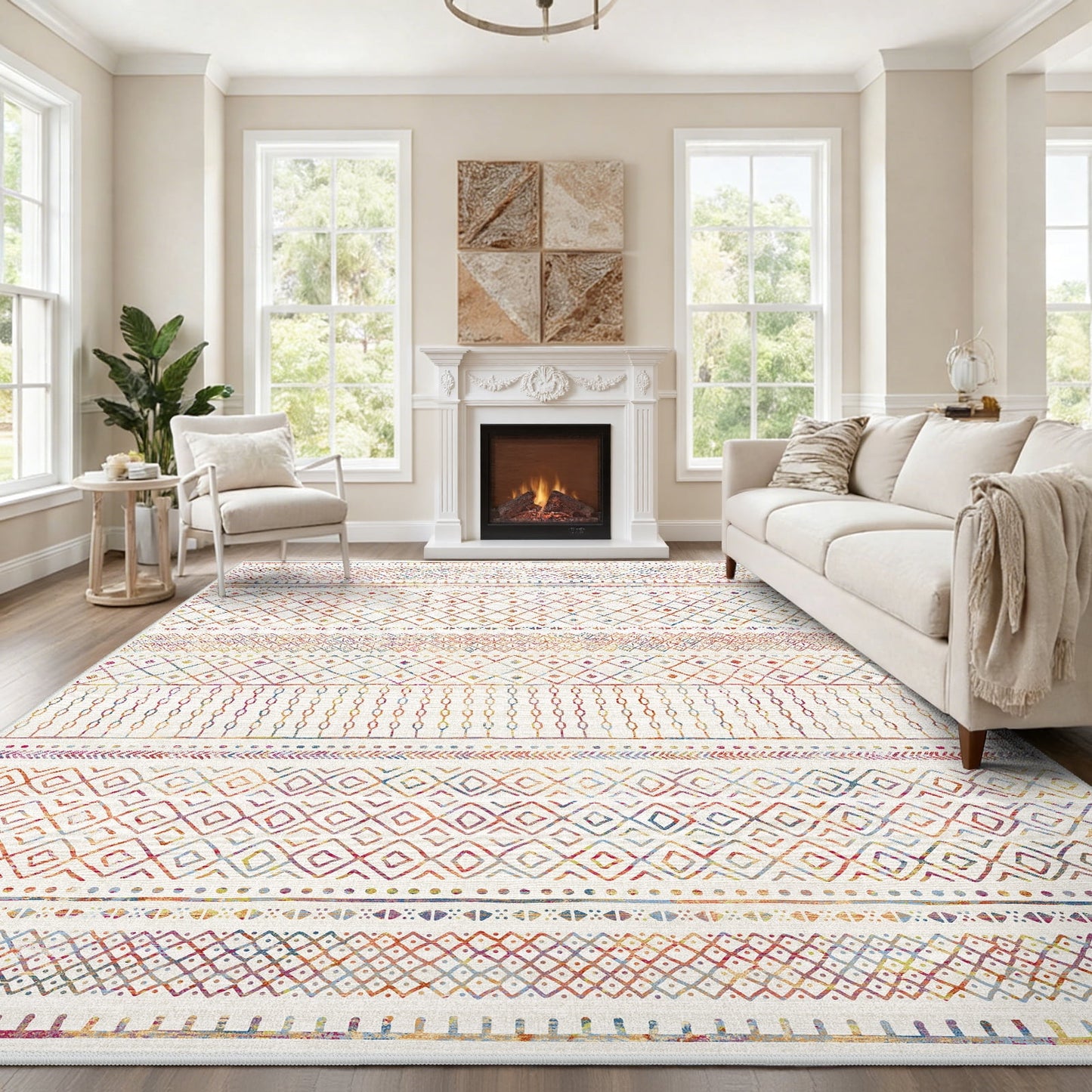 CHITOOMA 8'x10' Area Rugs for Living Room, Washable Rugs Boho Soft Geometric Bohemian Carpet Indoor Rug for Bedroom Dining Room Office Nonslip Foldable Rug