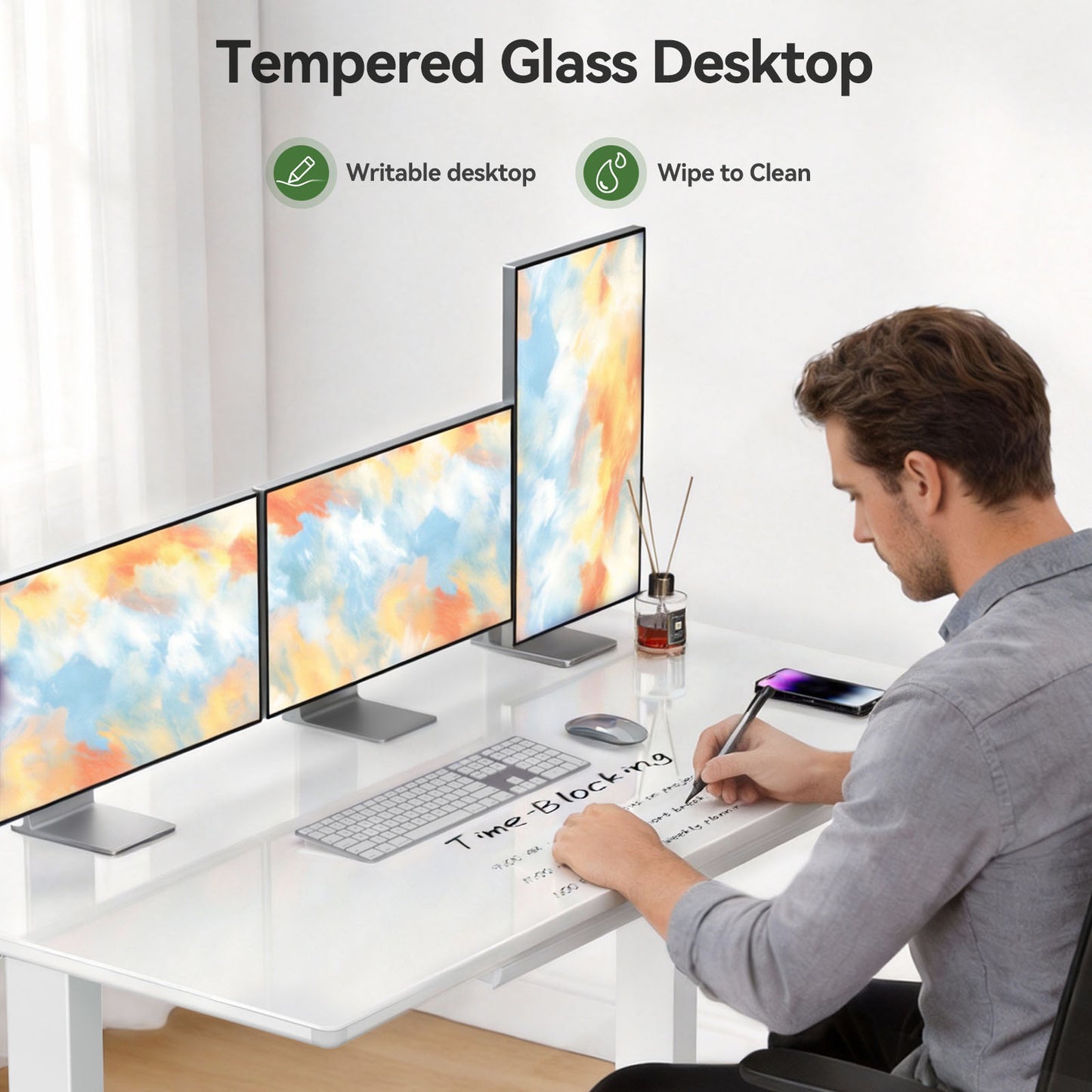 CHITOOMA Glass Top Electric Standing Desk with Drawer, 48" x 24" Height Adjustable Sit Stand Desk for Home Office, White
