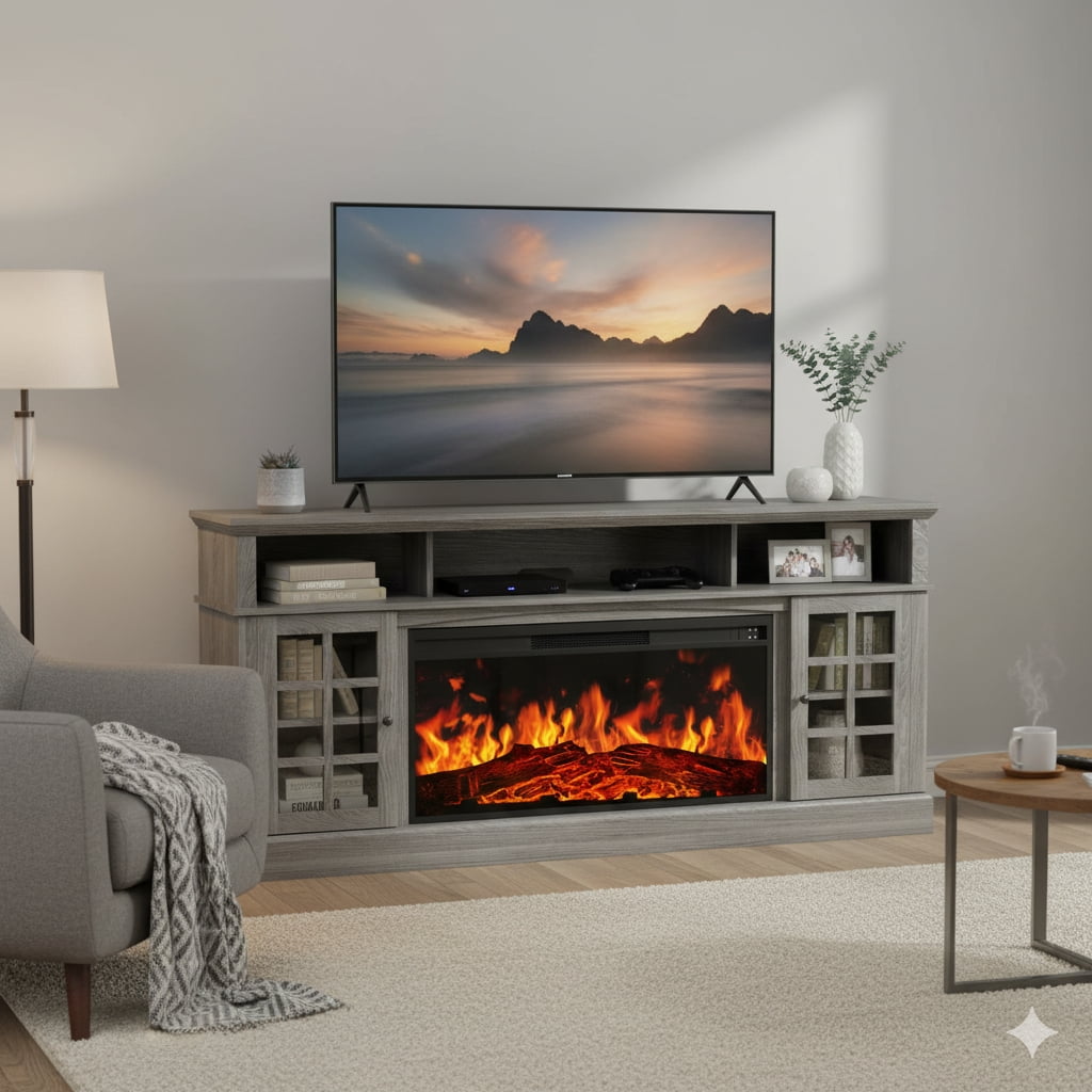Electric Fireplace TV Stand up to 85" TVs, Farmhouse Entertainment Center wiht 36" Fireplace for Living Room, Gray
