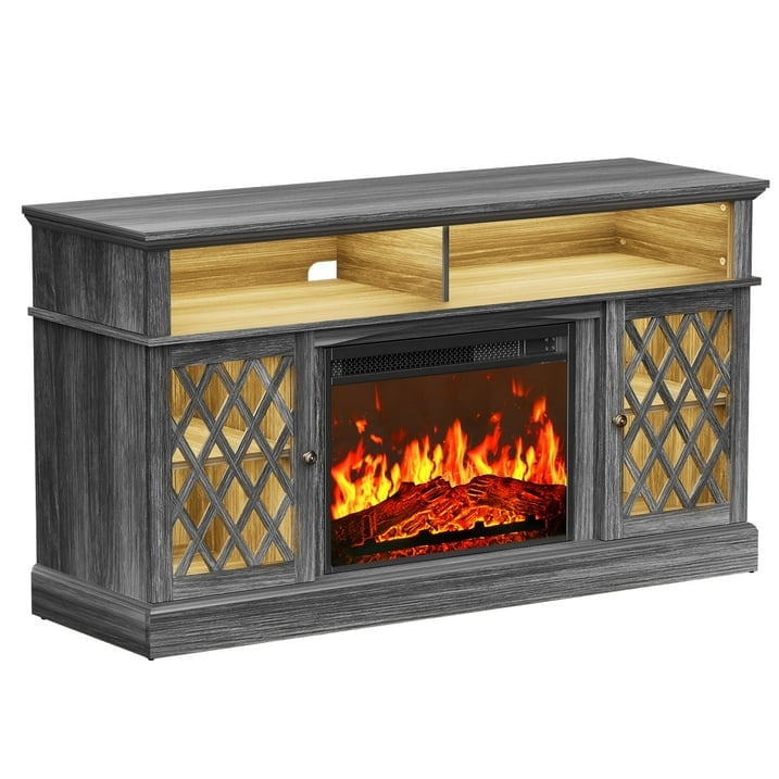 Farmhouse Fireplace TV Stand for 75 inch with LED Light, Adjustable Storage Shelves, Glass Doors, Media Entertainment Center with Fireplace for Living Room, Bedroom, Gray
