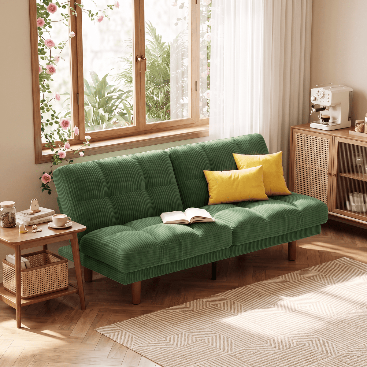 CHITOOMA 66" Futon Sofa Bed with Adjustable Backrest, Corduroy Convertible Futon Couch, Extra-Thick Cushion, Comfy Loveseat for Small Spaces, Apartment or Office, Green