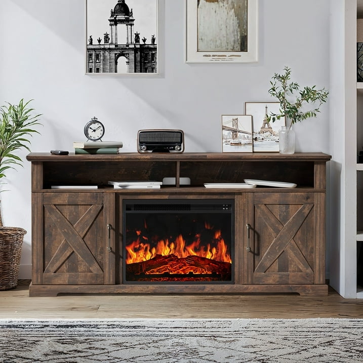 Electric Fireplace TV Stand for TVs up to 75", Farmhouse Entertainment Center with Fireplace, Vintage Brown