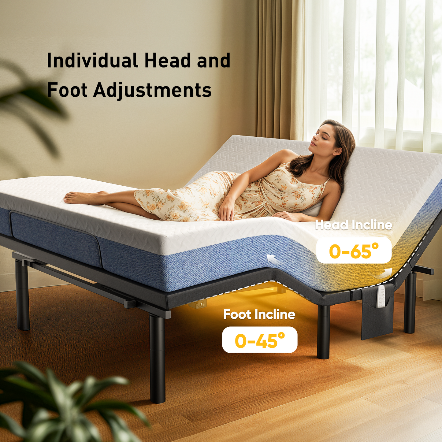 CHITOOMA Electric Adjustable Bed Frame Split King with Massage (4 Modes & 3 Intensities), Wireless Remote, Zero Gravity, 4 Height Options, Under-Bed Nightlight, 3 Minutes Fast Assembly