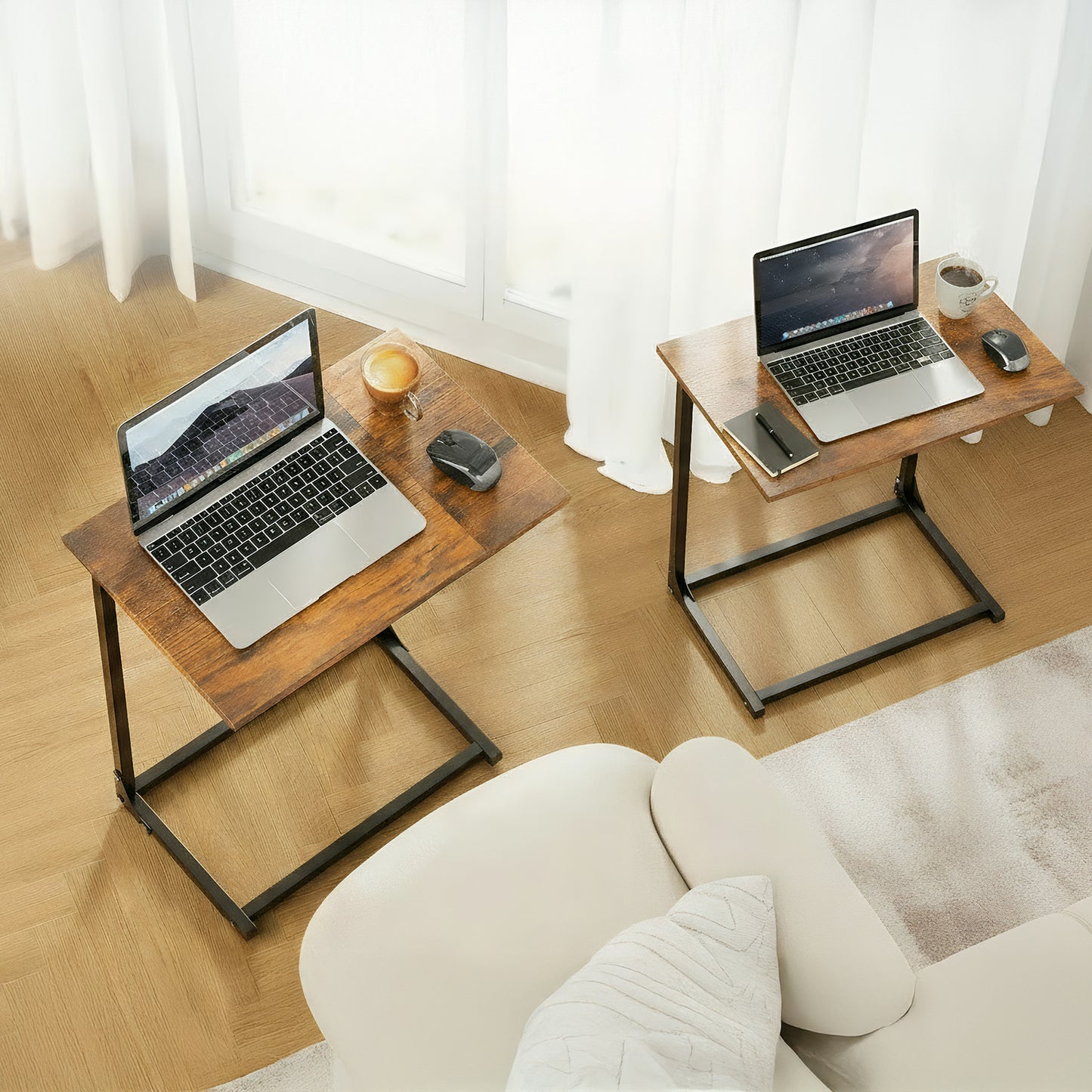 C Shaped End Sofa Table 2pcs, Widened Vintage End Table Side Table for Living Room, Bedroom, 27"(H) x 21.1"(W) x 11.4"(D), Brown