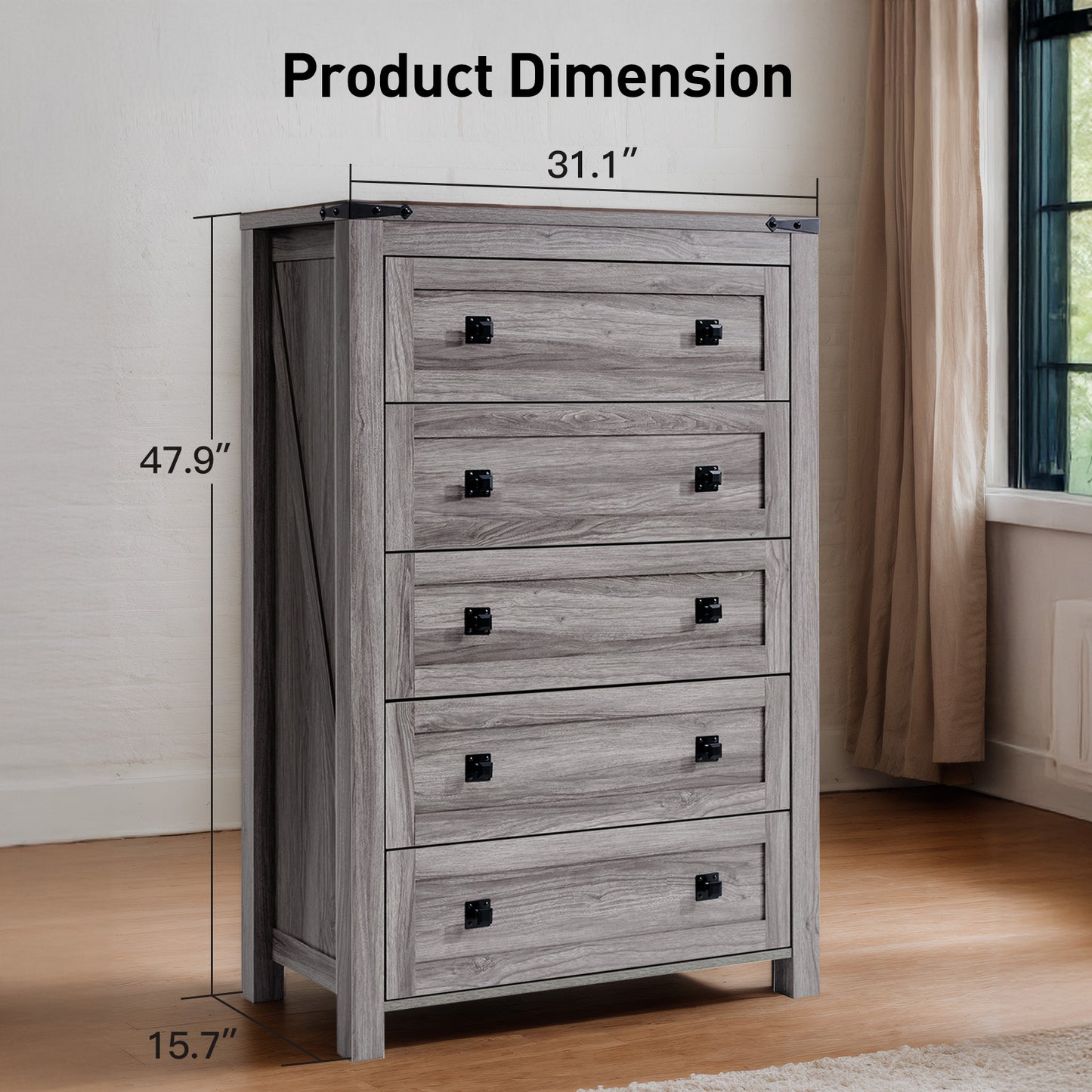 CHITOOMA 5 Drawer Dressers for Bedroom, Adult Tall Wooden Storage Cabine with Double Handle, Chest of Drawers for Living Room Hallway, Gray