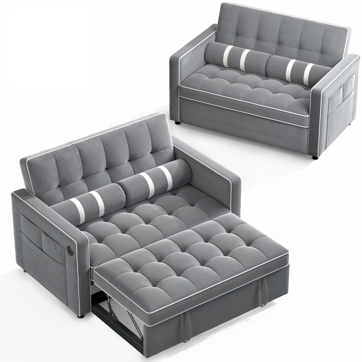 CHITOOMA 3 in 1 Pull Out Sofa Bed with Adjustable Backrest, 70" Convertible Loveseat Sleeper Couch with Charging Port, Side Pockets & Cylinder Pillows for Living Room Apartment, Gray