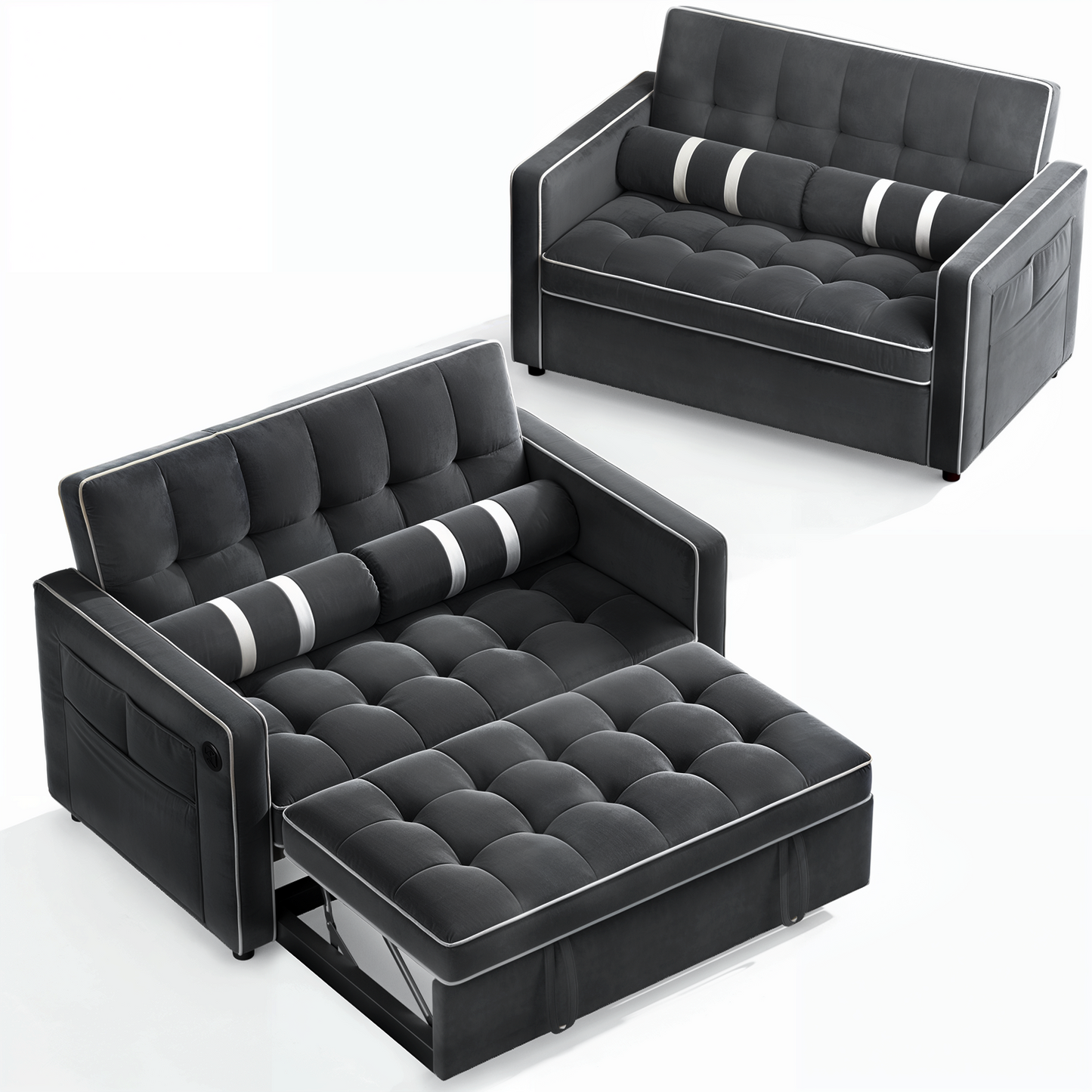 CHITOOMA 3 in 1 Pull Out Sofa Bed with Adjustable Backrest, 70" Convertible Loveseat Sleeper Couch with Charging Port, Side Pockets & Cylinder Pillows for Living Room Apartment, Black