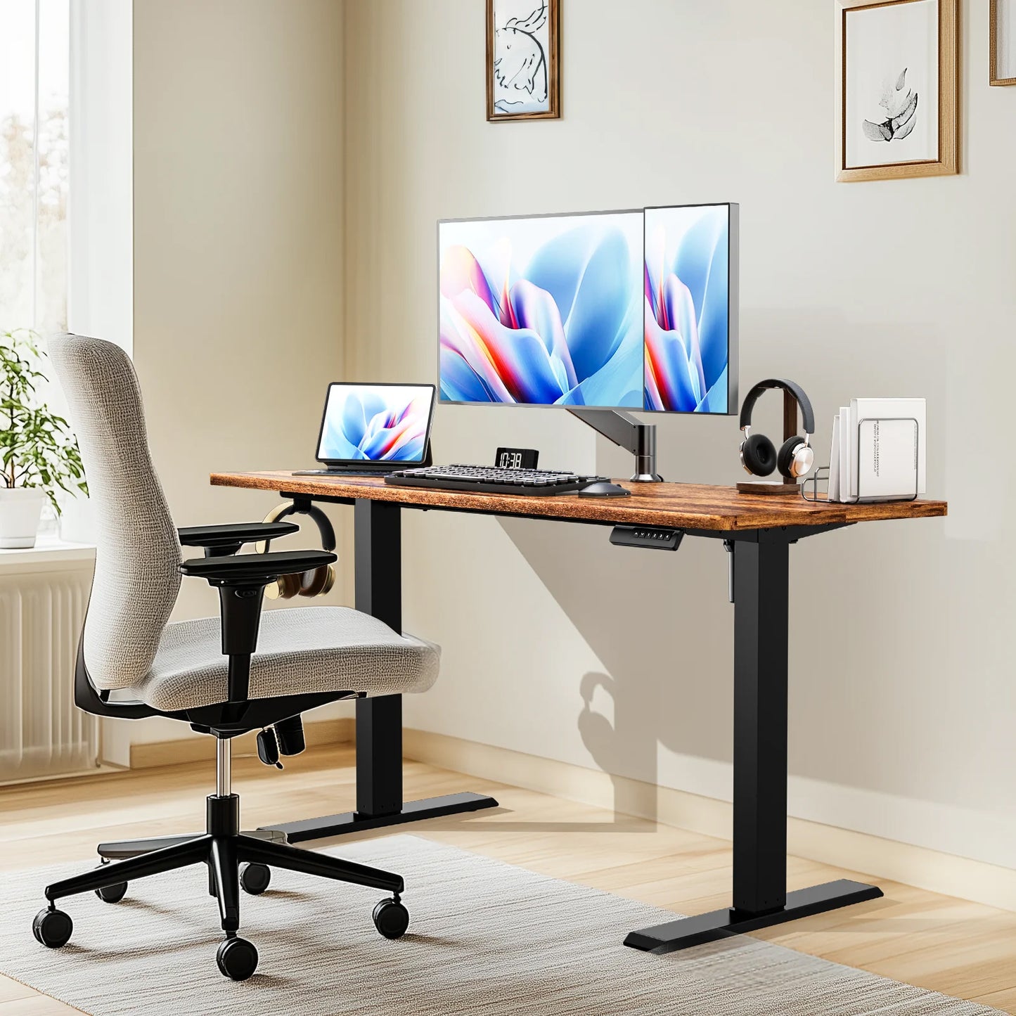 CHITOOMA 55" x 24" Electric Standing Desk, Adjustable Height Sit Stand Up Desk with 4 Memory Pre-Set, Home Office Gaming Desk with Headphone Hook, Vintage Brown